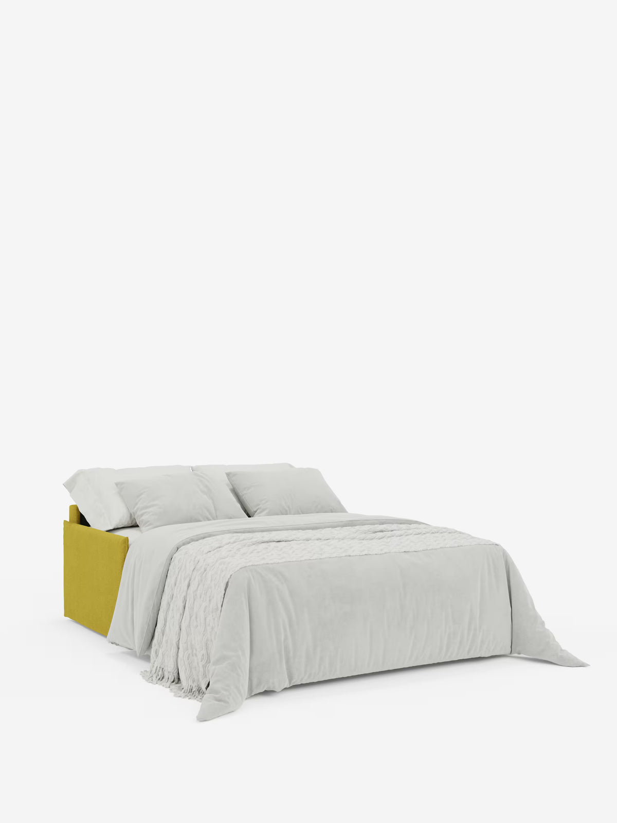 Il divano letto matrimoniale sfoderabile Evans di Divani.Store presenta un design moderno con testiera imbottita gialla, due cuscini bianchi e piumone e coperta coordinati, per un look accogliente ma elegante. Realizzato in tessuto T23 facile da pulire, il rivestimento appare morbido e presenta una trama delicata, perfetta per rilassarsi a fine giornata. Questo mobile compatto rappresenta un’ottima soluzione salvaspazio grazie al suo design versatile e al vano porta-cuscini integrato. Sullo sfondo bianco a