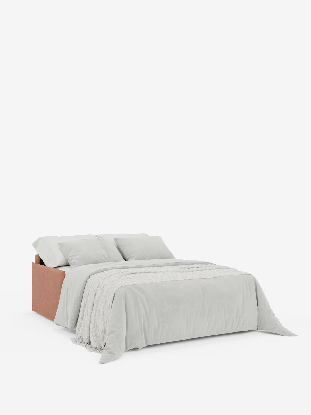 Un letto moderno con struttura imbottita in rosa tenue, biancheria da letto grigio chiaro, due cuscini e una coperta grigia testurizzata evoca il comfort del divano letto matrimoniale sfoderabile Evans di Divani.Esponilo — una soluzione salvaspazio ideale caratterizzata da un design compatto e da un pratico vano porta cuscini in tessuto T23 lavabile — su uno sfondo bianco a tinta unita.