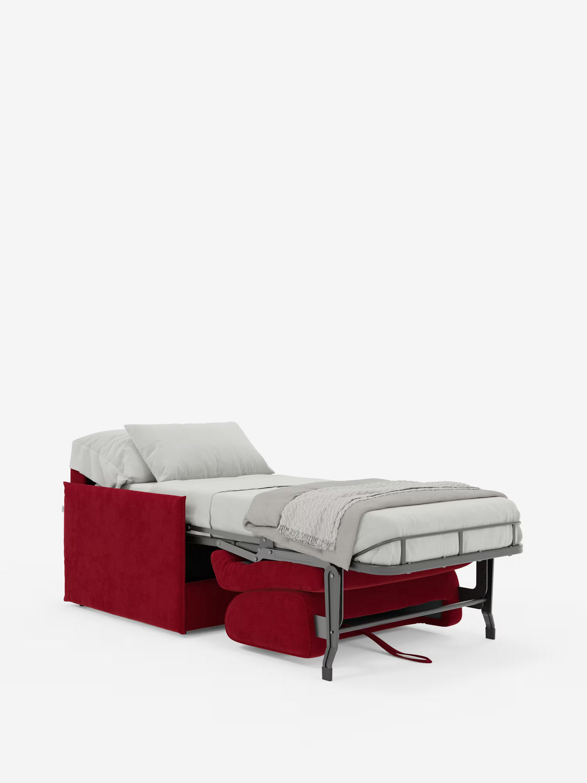 La poltrona letto compatta Evans con materasso di Divani.Store, rivestita in rosso e dotata di un rivestimento rimovibile in tessuto T23 resistente alle macchie, si trasforma in un letto singolo con una robusta struttura in metallo. Parzialmente estesa e rivestita con biancheria da letto grigio chiaro e un copriletto beige, questa poltrona versatile è perfetta come letto supplementare. Il suo design compatto e salvaspazio risalta magnificamente sullo sfondo bianco a tinta unita.