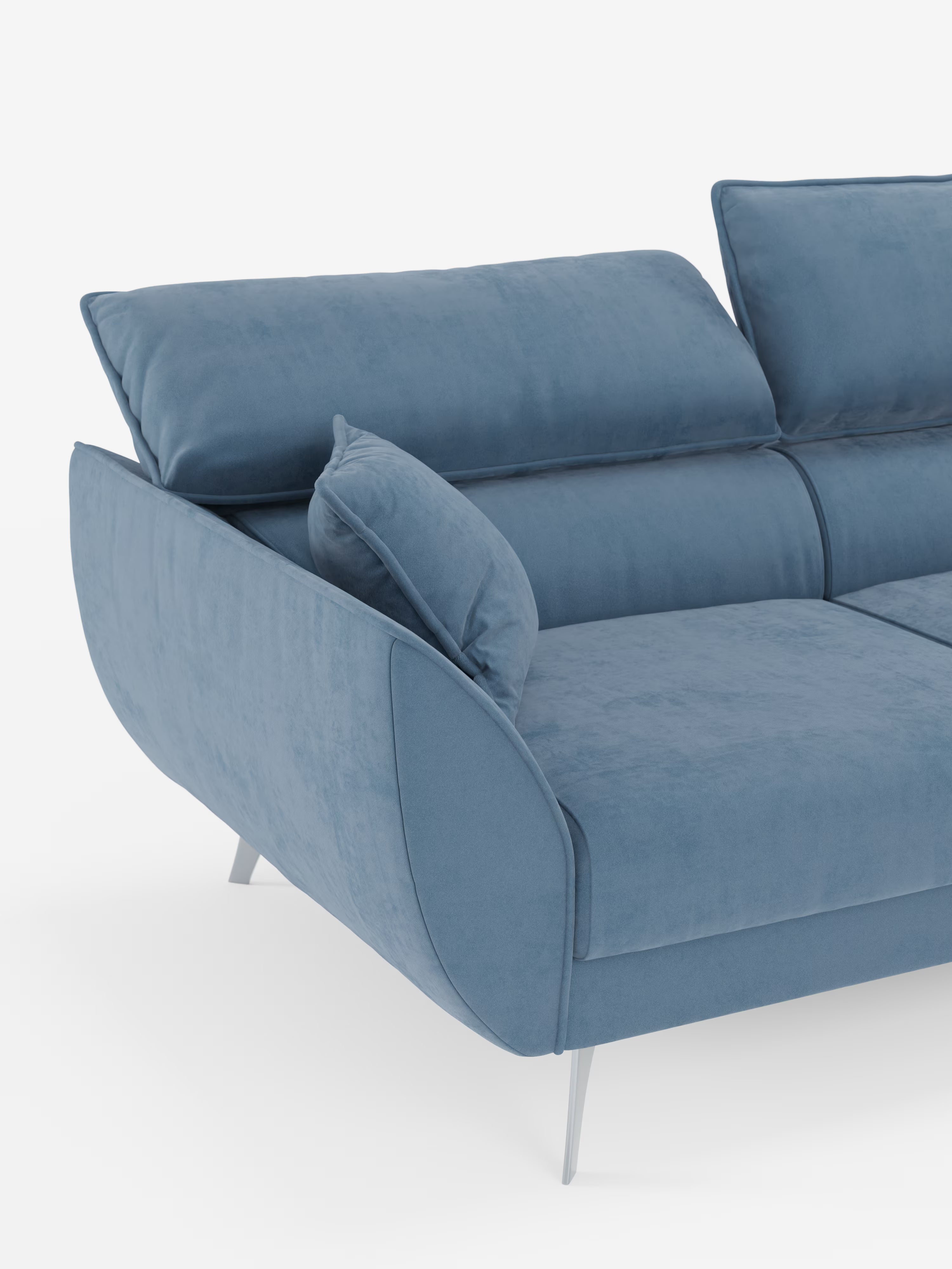 Su uno sfondo bianco a tinta unita, il divano Michelangelo 4 Posti di Divani.Store è un divano moderno realizzato in elegante tessuto T30 effetto velluto, facile da pulire. Presenta bordi lisci e arrotondati, gambe in metallo angolate, due grandi cuscini dello schienale e un cuscino per il bracciolo abbinato. Questo sofisticato divano a 4 posti offre un comfort eccezionale grazie alle tre sedute estensibili e ai poggiatesta reclinabili, garantendo opzioni di seduta versatili per qualsiasi ambiente.