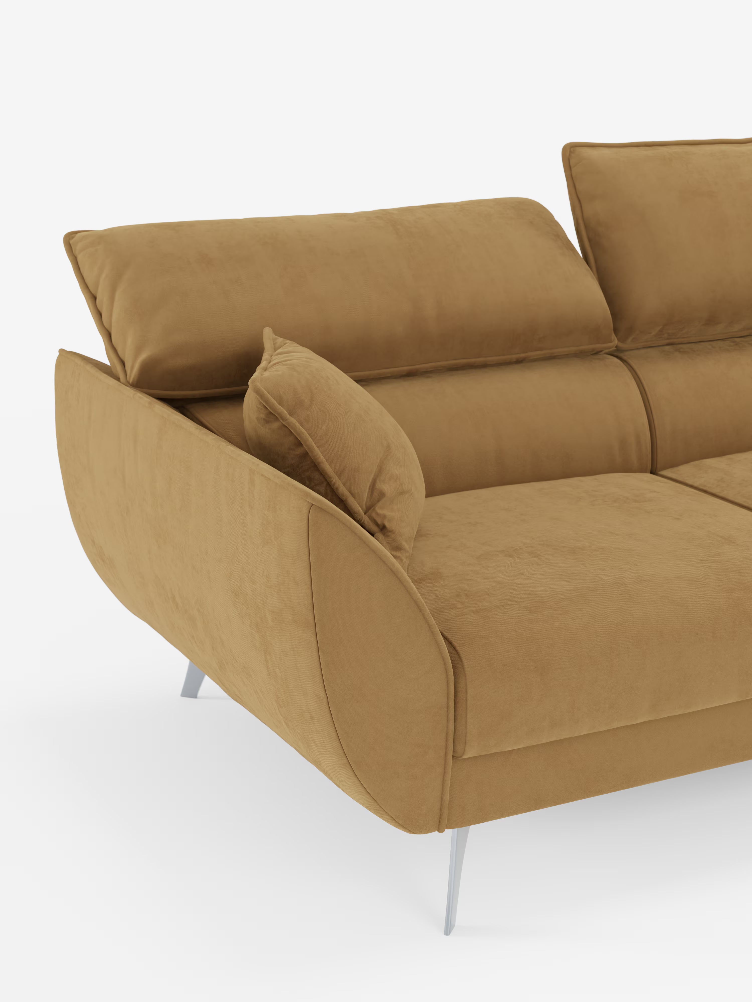 Il divano Michelangelo 4 Posti di Divani.Store è un moderno divano a 4 posti realizzato in elegante tessuto in velluto T30 resistente alle macchie, dotato di tre sedute estensibili, poggiatesta reclinabili, ampi braccioli, morbidi cuscini e gambe angolate in metallo. Il design minimalista e contemporaneo del divano, che include un cuscino decorativo abbinato sul bracciolo, è messo in risalto su uno sfondo bianco.