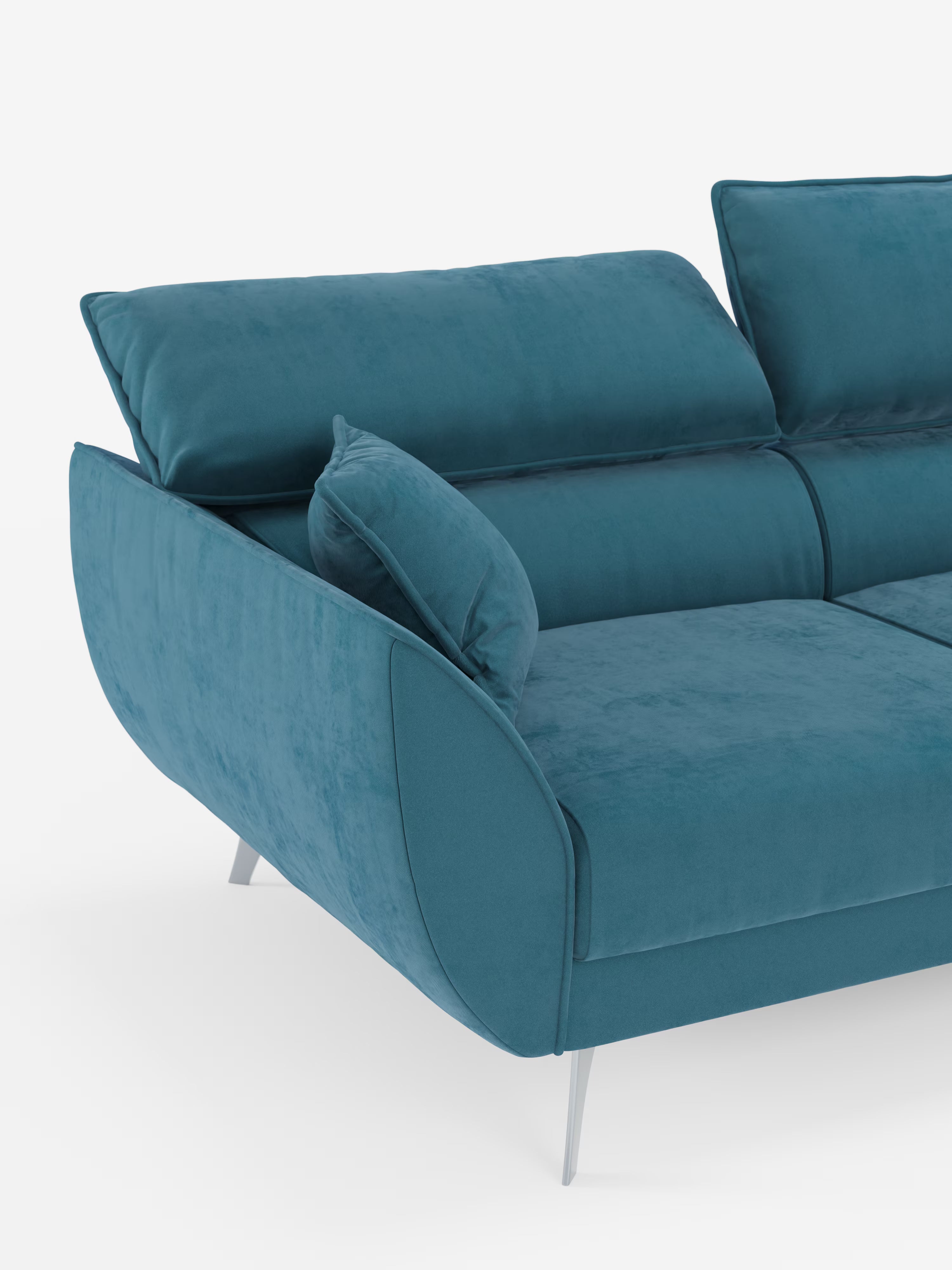 Vi presentiamo il Michelangelo 4 Posti di Divani.Store: un divano contemporaneo dotato di tre sedute estensibili e poggiatesta reclinabili, rivestito con l’elegante tessuto Vellutino T30, resistente alle macchie. Questo moderno divano color verde acqua presenta gambe angolari in metallo, morbidi cuscini per un comfort eccezionale e una texture liscia. Il bracciolo include un cuscino decorativo abbinato, mentre il design elegante garantisce sia stile che relax per il vostro salotto.