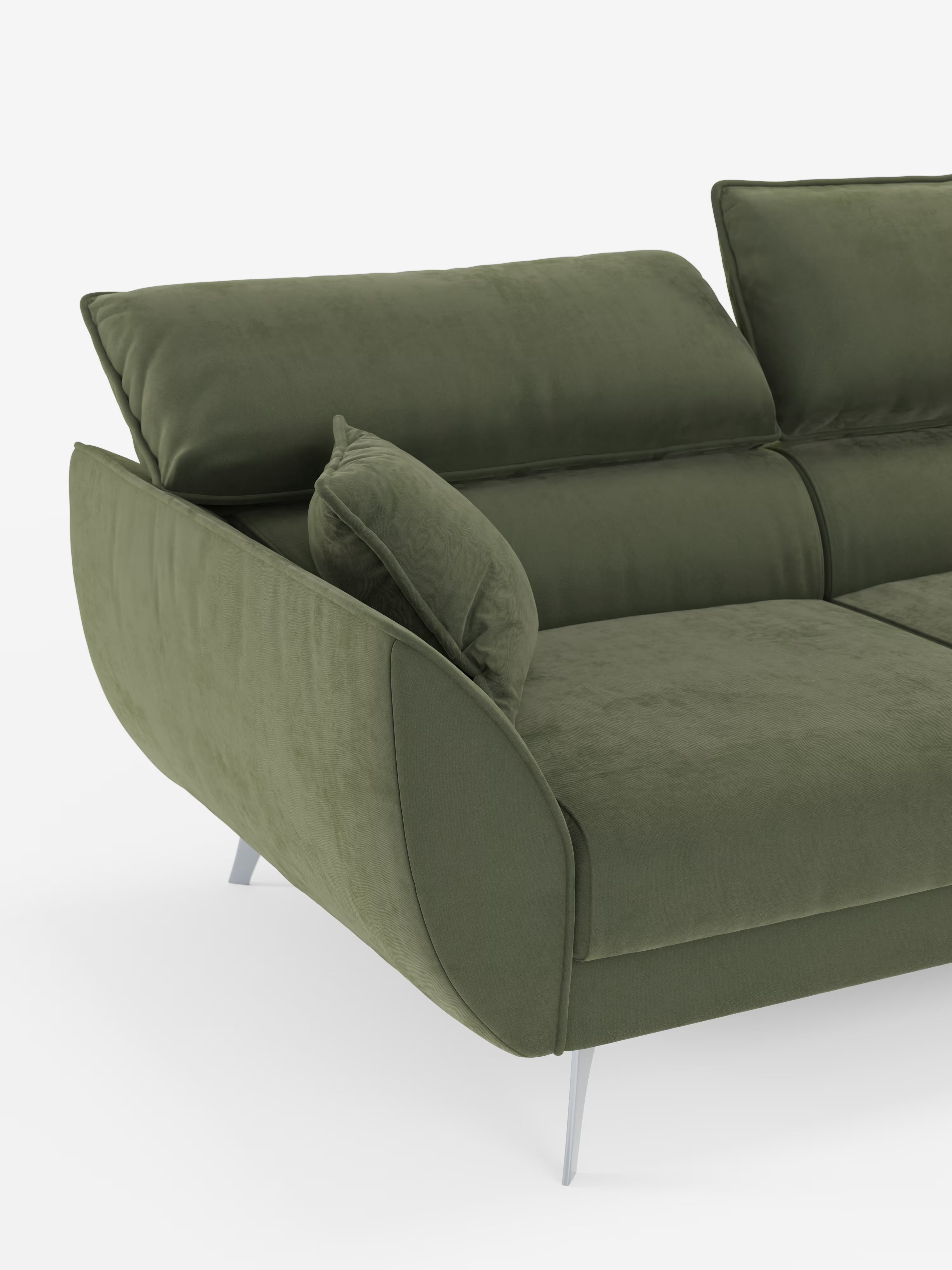 Il divano Michelangelo 4 Posti di Divani.Store è un divano componibile moderno di colore verde, dotato di tre sedute estensibili e poggiatesta regolabili, rivestito in elegante velluto T30 resistente alle macchie. Morbidi cuscini dello schienale e laterali, braccioli arrotondati e sottili gambe in metallo argentato completano il suo design spazioso con chaise longue, qui raffigurato di profilo su uno sfondo bianco a tinta unita.