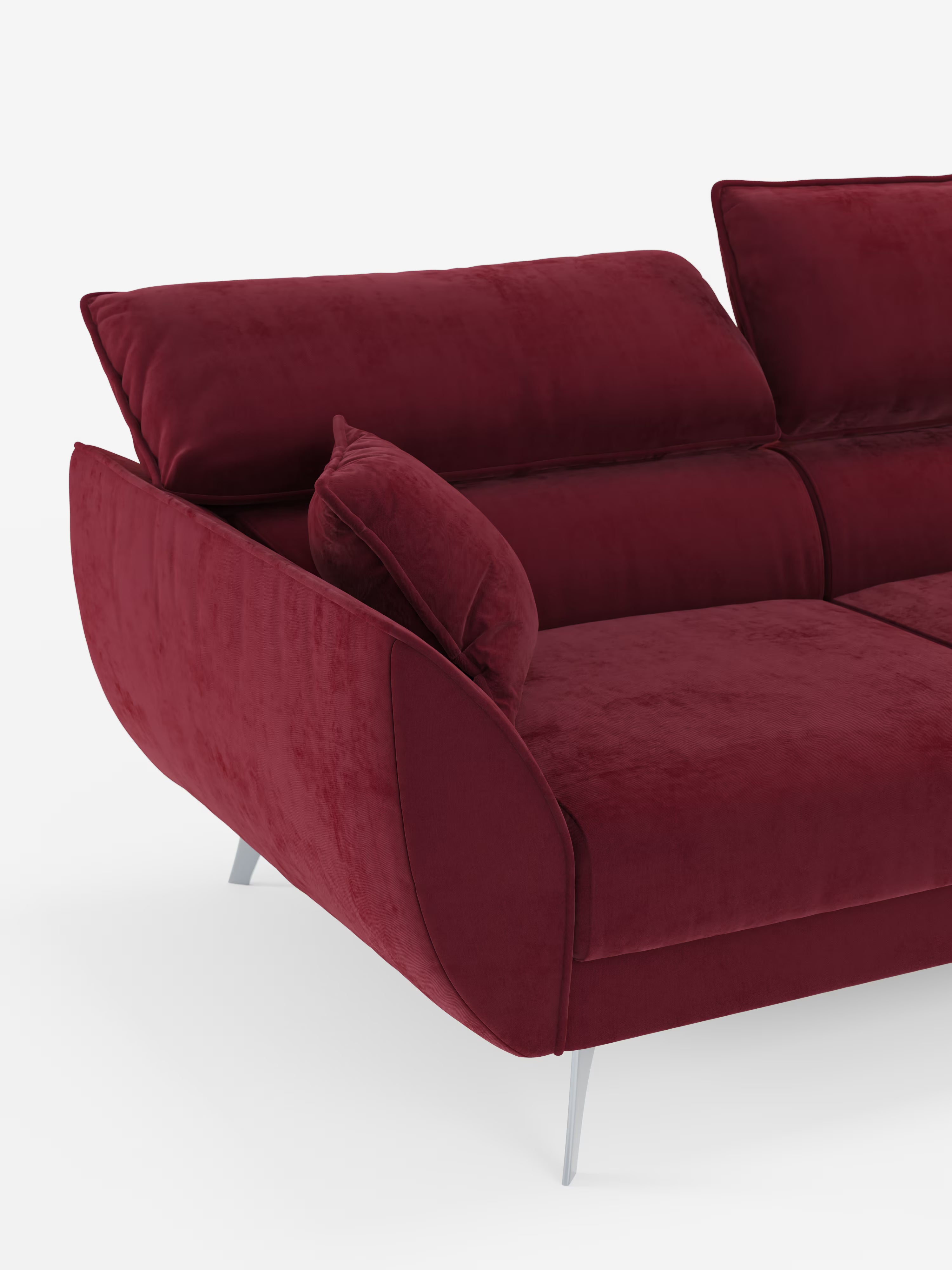 Un lussuoso e contemporaneo divano Michelangelo 4 Posti color bordeaux di Divani.Store, realizzato in elegante tessuto di velluto T30 smacchiabile con raffinate gambe argentate, è dotato di tre sedute estraibili, poggiatesta reclinabili, braccioli angolati e cuscini dello schienale e laterali coordinati: l’ideale per un salotto moderno. Su uno sfondo bianco a tinta unita, la ricca trama, la tonalità intensa e il design accogliente del divano risaltano magnificamente.