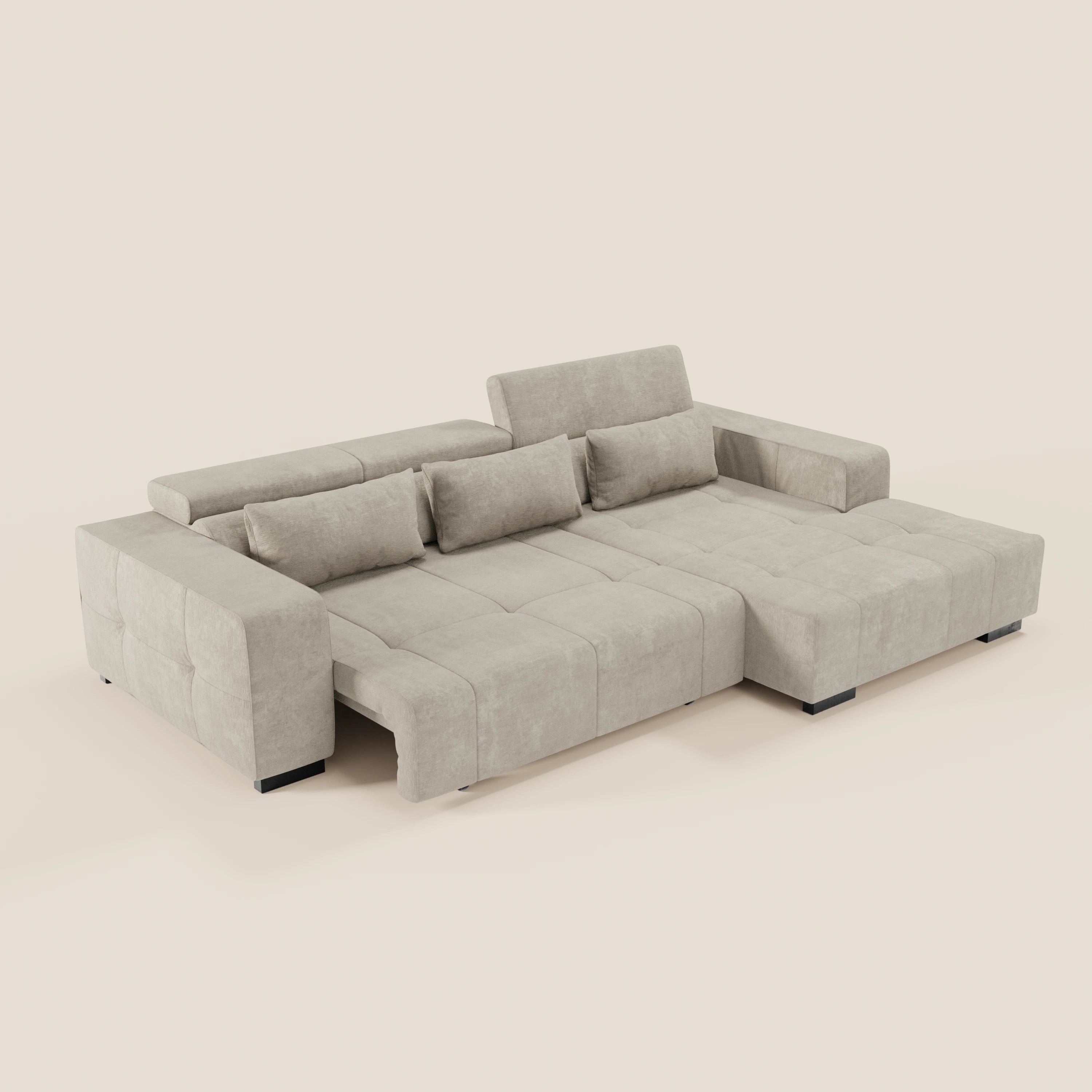 Monarch Divano angolare con penisola e Relax Elettrico per allungamento sedute - Poggiatesta Reclinabili in tessuto morbido smacchiabile T31 - divani.store