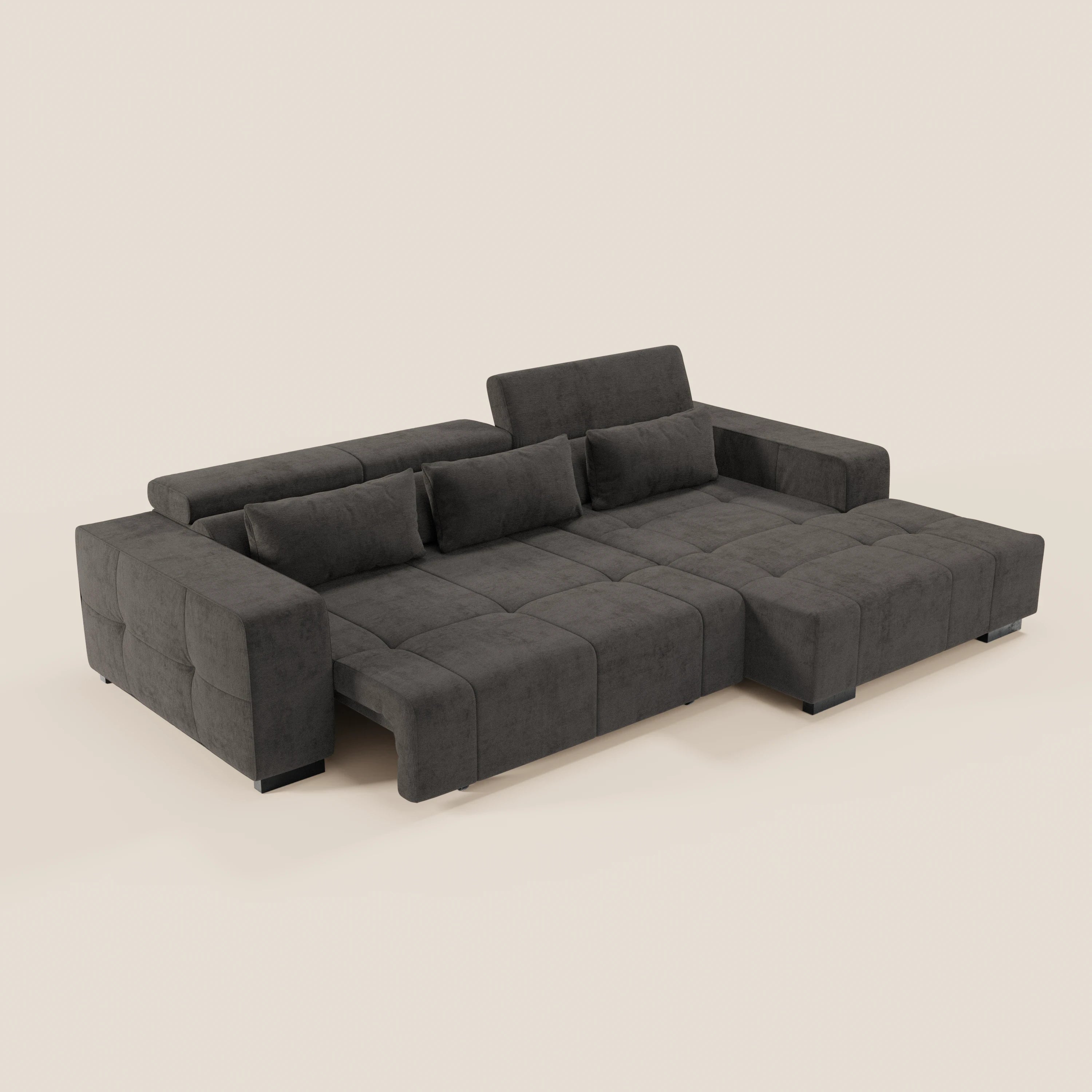 Il Monarch Divano angolare con penisola e Relax Elettrico di Divani.Store abbina ampi braccioli, poggiatesta reclinabili e cuscini trapuntati in morbido tessuto T31 antimacchia, per un look elegante e contemporaneo con un comfort avvolgente.