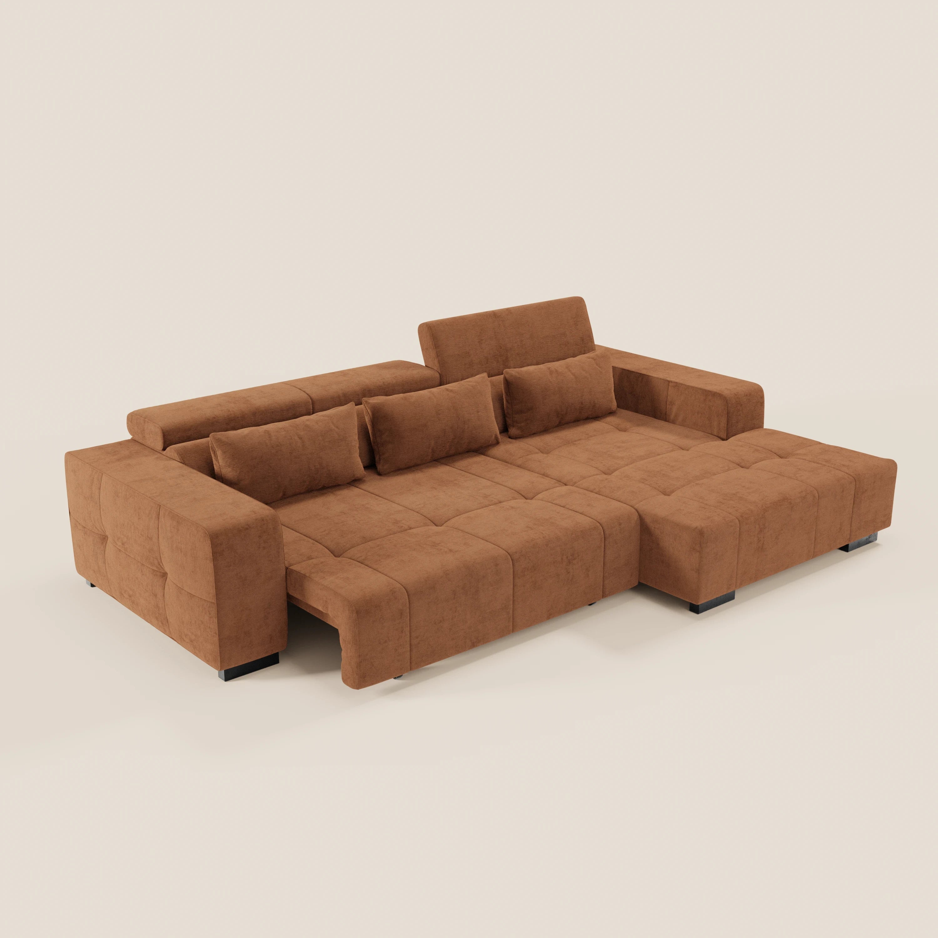 Monarch Divano angolare con penisola e Relax Elettrico per allungamento sedute - Poggiatesta Reclinabili in tessuto morbido smacchiabile T31 - divani.store