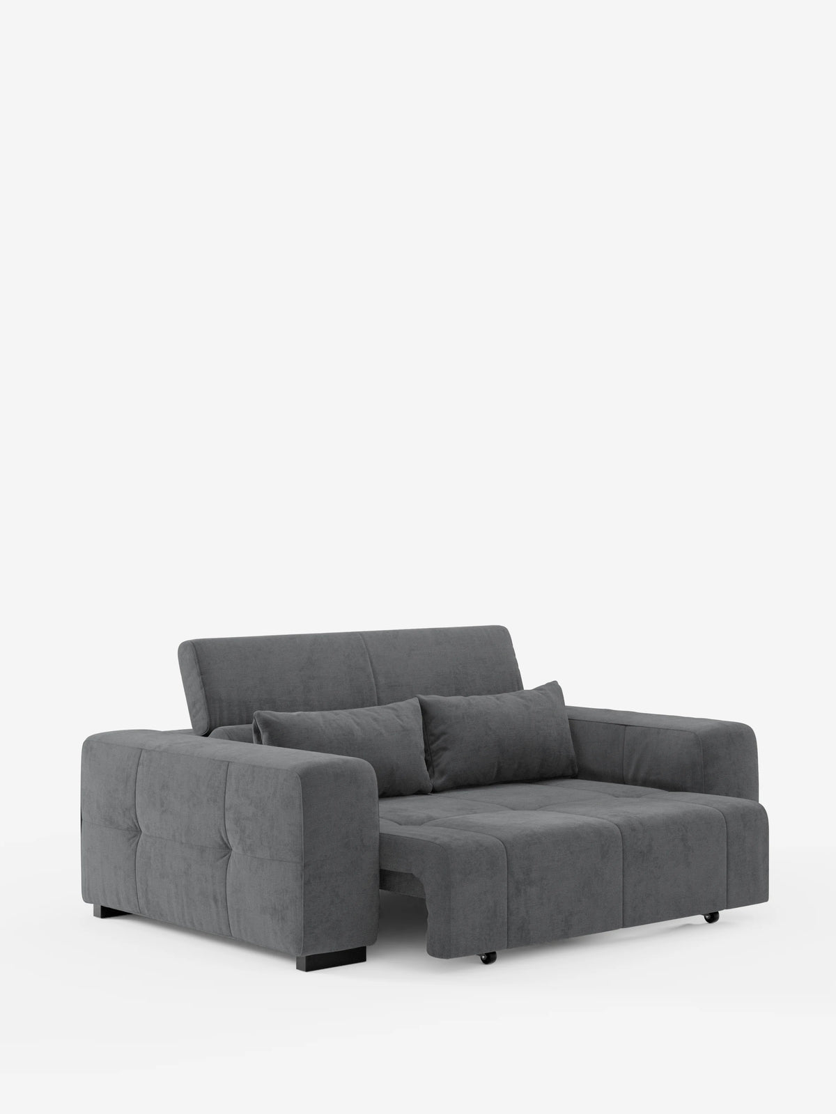 Il divano Monarch con relax elettrico di Divani.Store, rivestito in morbido tessuto T31 antimacchia in un elegante grigio scuro, presenta un design contemporaneo ispirato allo stile del divano contemporaneo. È dotato di ampi braccioli, due morbidi cuscini schienali, una sezione inferiore allungata che funge sia da chaise longue che da letto estraibile, e include l’estensione elettrica della seduta con poggiatesta regolabili, il tutto su uno sfondo bianco a tinta unita.
