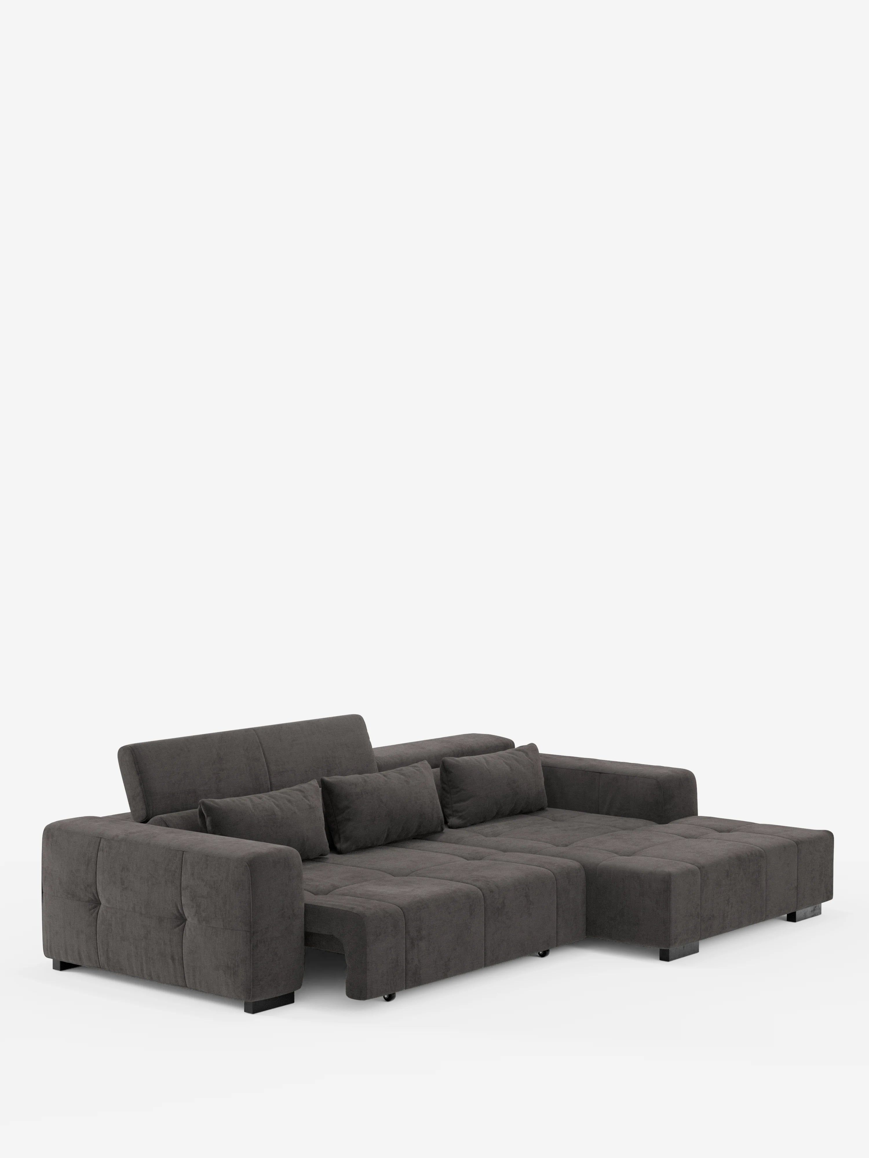 Il divano angolare con penisola e relax elettrico Monarch di Divani.Store è un moderno divano componibile in grigio scuro, realizzato in morbido tessuto T31 resistente alle macchie. È dotato di cuscini trapuntati, ampi braccioli, quattro cuscini dello schienale, schienali regolabili con poggiatesta reclinabili e funzione relax elettrico per l’estensione delle sedute. Sorretto da corte gambe nere, il modulo chaise si estende verso destra ed è raffigurato su uno sfondo bianco a tinta unita.