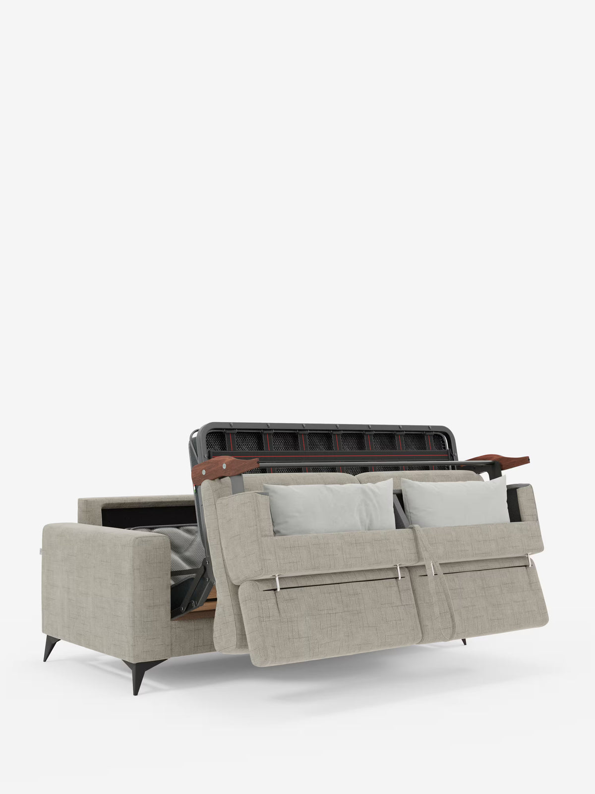 Un divano letto matrimoniale Pegaso di Divani.Store, color beige con gambe nere, è raffigurato parzialmente aperto per mostrare la struttura del materasso e il vano contenitore nascosto sotto i cuscini dello schienale e della seduta sollevati. Due cuscini grigio chiaro poggiano sulla seduta, sottolineando il design pratico di questo divano moderno con poggiatesta regolabili in tessuto jacquard T22 facile da pulire. Lo sfondo è bianco.