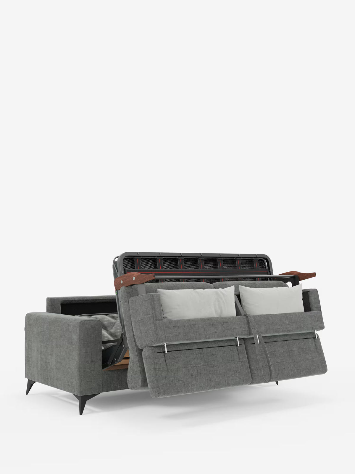 Il divano letto matrimoniale Pegaso di Divani.Store è un moderno divano letto grigio dotato di poggiatesta regolabili in tessuto jacquard T22 resistente alle macchie. Con le sue eleganti gambe nere, i cuscini di seduta grigio chiaro, i dettagli in legno sui braccioli e le sedute reclinabili verso l’esterno che rivelano un meccanismo nascosto e un vano portaoggetti, questo complemento d’arredo contemporaneo spicca con eleganza su uno sfondo bianco a tinta unita.