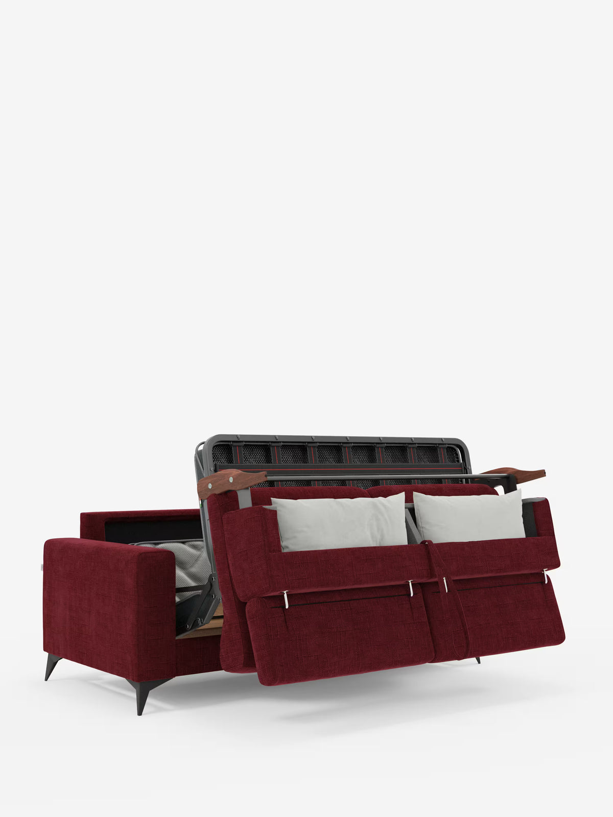Il divano letto matrimoniale Pegaso di Divani.Store, rivestito in tessuto jacquard T22 color bordeaux resistente alle macchie e dotato di poggiatesta reclinabili, è raffigurato parzialmente aperto per mostrare la struttura in metallo e il materasso. Due cuscini grigi poggiano contro lo schienale di questo divano dal design moderno, che si erge su piedini neri su uno sfondo bianco.