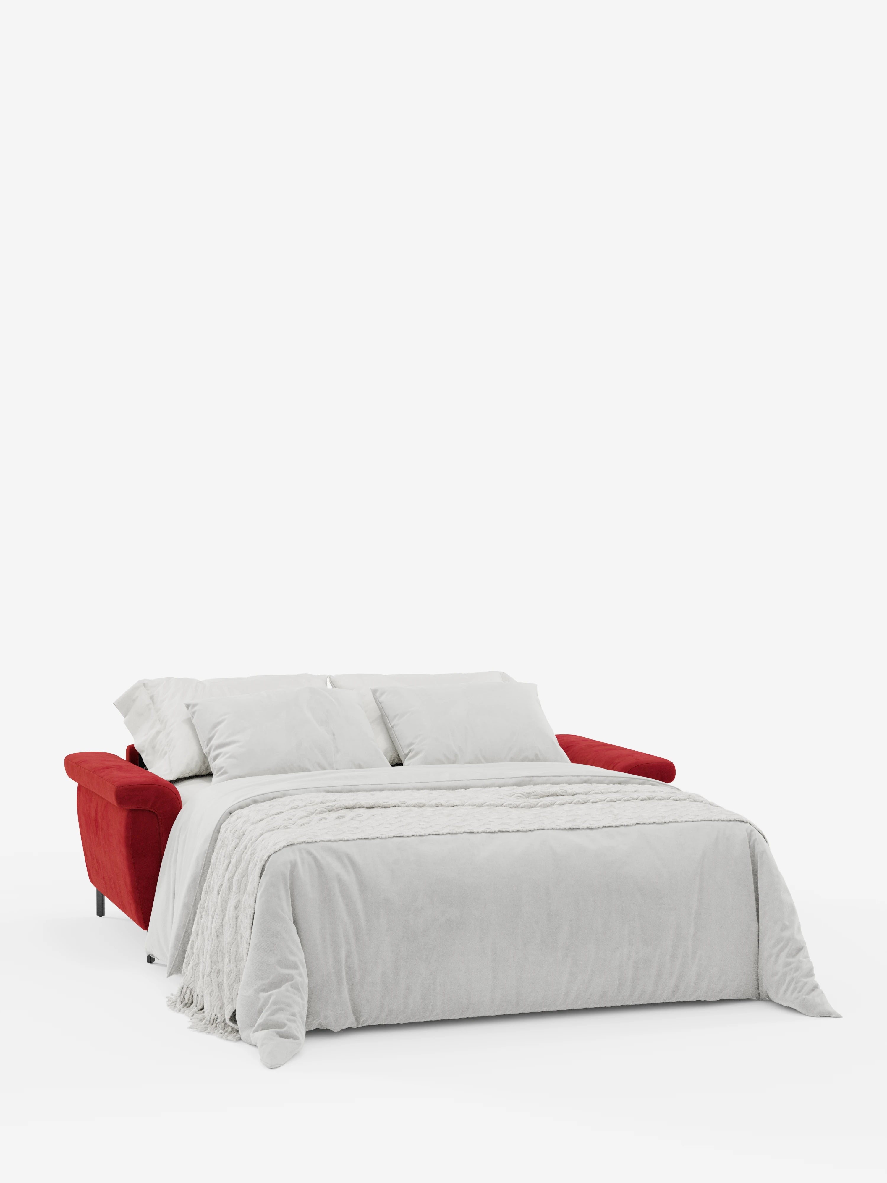 Il divano letto di design Capri con piedini alti di Divani.Store, caratterizzato da un lussuoso tessuto T30 rosso smacchiabile effetto velluto e da poggiatesta regolabili, è raffigurato aperto come letto con biancheria da letto bianca e due cuscini su uno sfondo bianco a tinta unita.