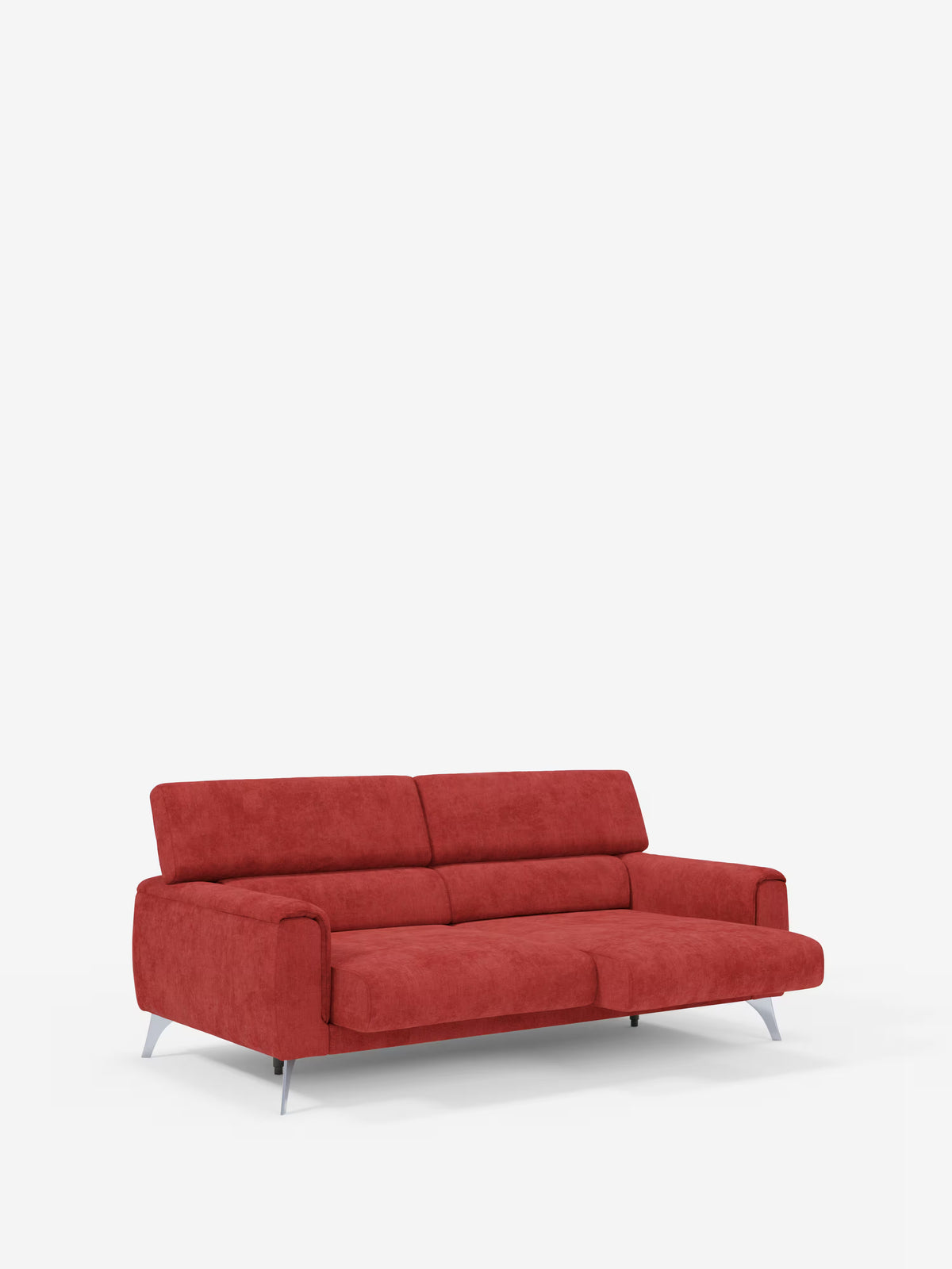 Un divano contemporaneo Caravaggio a 2 e 3 posti di Divani.Store, rivestito in elegante tessuto T31 facile da pulire, poggia su gambe angolari in metallo su uno sfondo bianco. Questo divano moderno si distingue per le linee pulite, i morbidi cuscini e l’estremità sinistra priva di braccioli. Il suo design minimalista presenta sedute estensibili e poggiatesta regolabili, con uno schienale leggermente reclinabile e un profilo basso: l’ideale per valorizzare qualsiasi soggiorno contemporaneo.