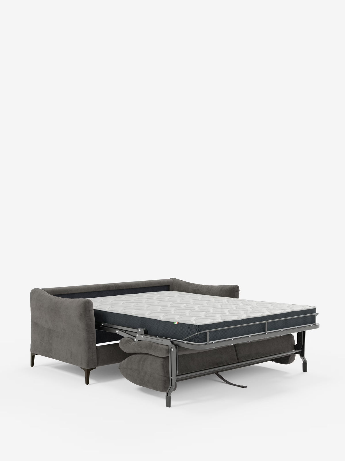 Il divano letto Dalia a 2, 3 e 4 posti di Divani.Store è realizzato in tessuto vellutino moderno grigio scuro antimacchia T30, con gambe nere. Raffigurato parzialmente aperto come divano letto matrimoniale, il suo materasso H18 e la struttura metallica pieghevole si estendono verso l’esterno, rivelando la struttura portante sottostante. Lo sfondo bianco e pulito mette in risalto il design contemporaneo e la versatilità di questo elegante divano scandinavo.