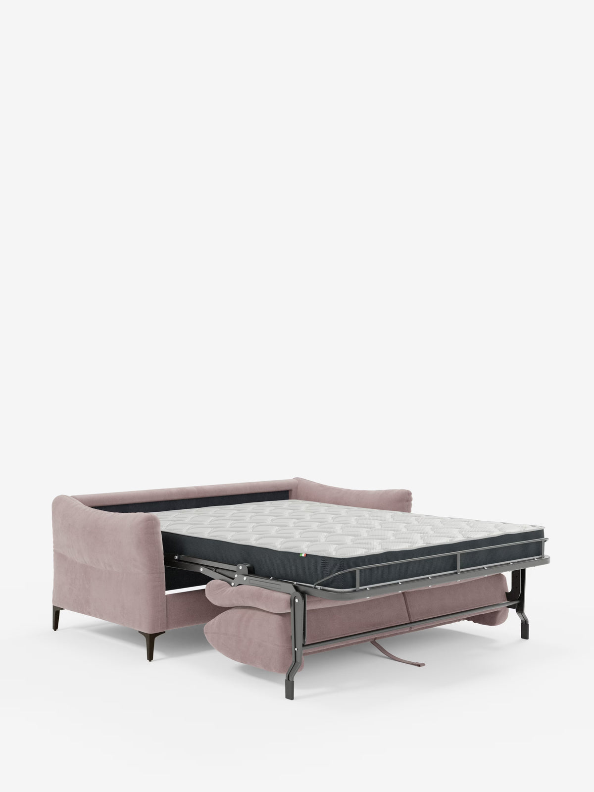 Il divano letto Dalia a 2, 3 e 4 posti con materasso H18 di Divani.Store è qui presentato in un’elegante versione rivestita in color malva con sottili gambe nere, raffigurato con il letto estraibile aperto. La struttura sostiene un comodo materasso, mentre i cuscini della seduta sono disposti con cura nella parte inferiore, mettendo in risalto sia la praticità che il fascino moderno su uno sfondo bianco a tinta unita. Questo comodo divano letto è realizzato in tessuto vellutino T30 smacchiabile di stile