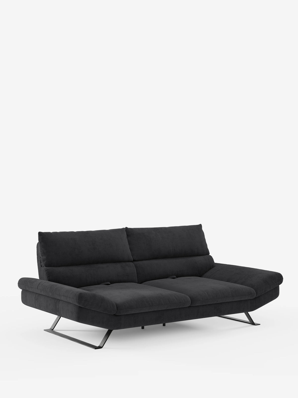Un moderno divano Eclipse dal design contemporaneo di Divani.Store, rivestito in elegante microfibra T11 antimacchia di colore nero, dotato di due cuscini dello schienale, schienali traslanti per un comfort regolabile e piedini alti angolati in metallo. Il profilo ribassato del divano e l’ampia seduta leggermente reclinata creano un look decisamente contemporaneo sullo sfondo bianco a tinta unita.
