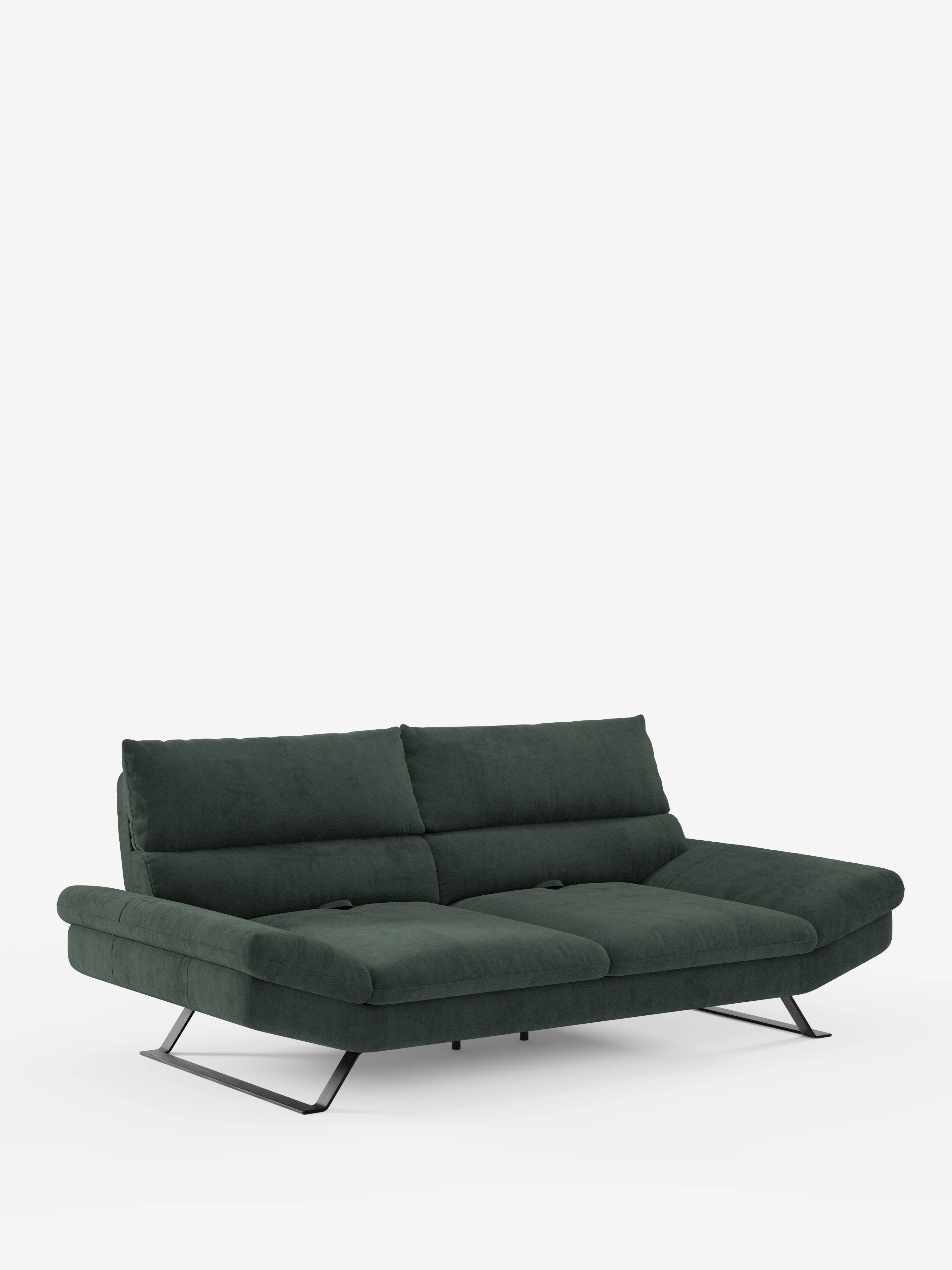 Un divano Eclipse contemporaneo di Divani.Store, con un’elegante finitura in microfibra T11 resistente alle macchie, caratterizzato da schienali regolabili, un profilo basso e moderno, ampi cuscini di seduta e gambe in metallo nero ad angolo accentuato. Questo divano dal design moderno è ideale per gli spazi contemporanei, poiché unisce un minimalismo raffinato a un comfort regolabile. Immagine riproposta su uno sfondo bianco a tinta unita.