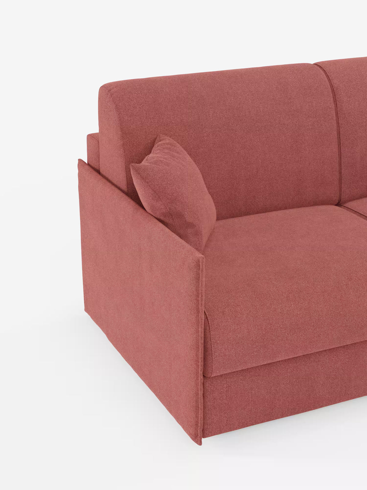 Un primo piano del divano letto matrimoniale sfoderabile Evans di Divani.Store ne mette in risalto il design moderno e compatto, realizzato in tessuto T23 rosso vivace e resistente alle macchie. Caratterizzato da linee pulite, un cuscino coordinato e un pratico vano porta-cuscini, questo divano letto contemporaneo spicca su uno sfondo bianco a tinta unita: ideale come divano salvaspazio o divano letto compatto per qualsiasi ambiente elegante.