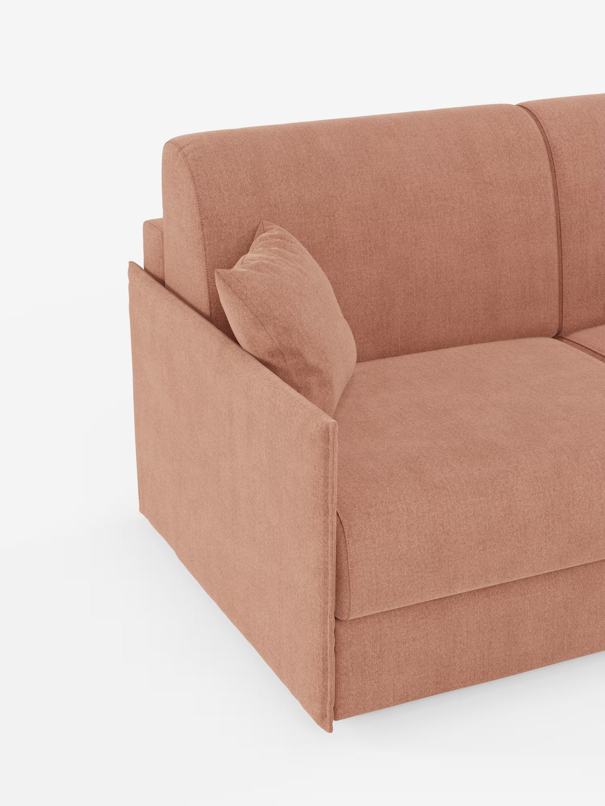 Il divano letto matrimoniale sfoderabile Evans di Divani.Store è un divano componibile compatto e moderno, realizzato in tessuto T23 antimacchia. L'immagine mostra l'angolo sinistro con bracciolo basso, morbidi cuscini di seduta e schienale e un cuscino decorativo abbinato. Questo modello salvaspazio presenta linee pulite e una texture morbida, messe in risalto dallo sfondo bianco a tinta unita. Include inoltre un pratico vano porta guanciali per una maggiore praticità.
