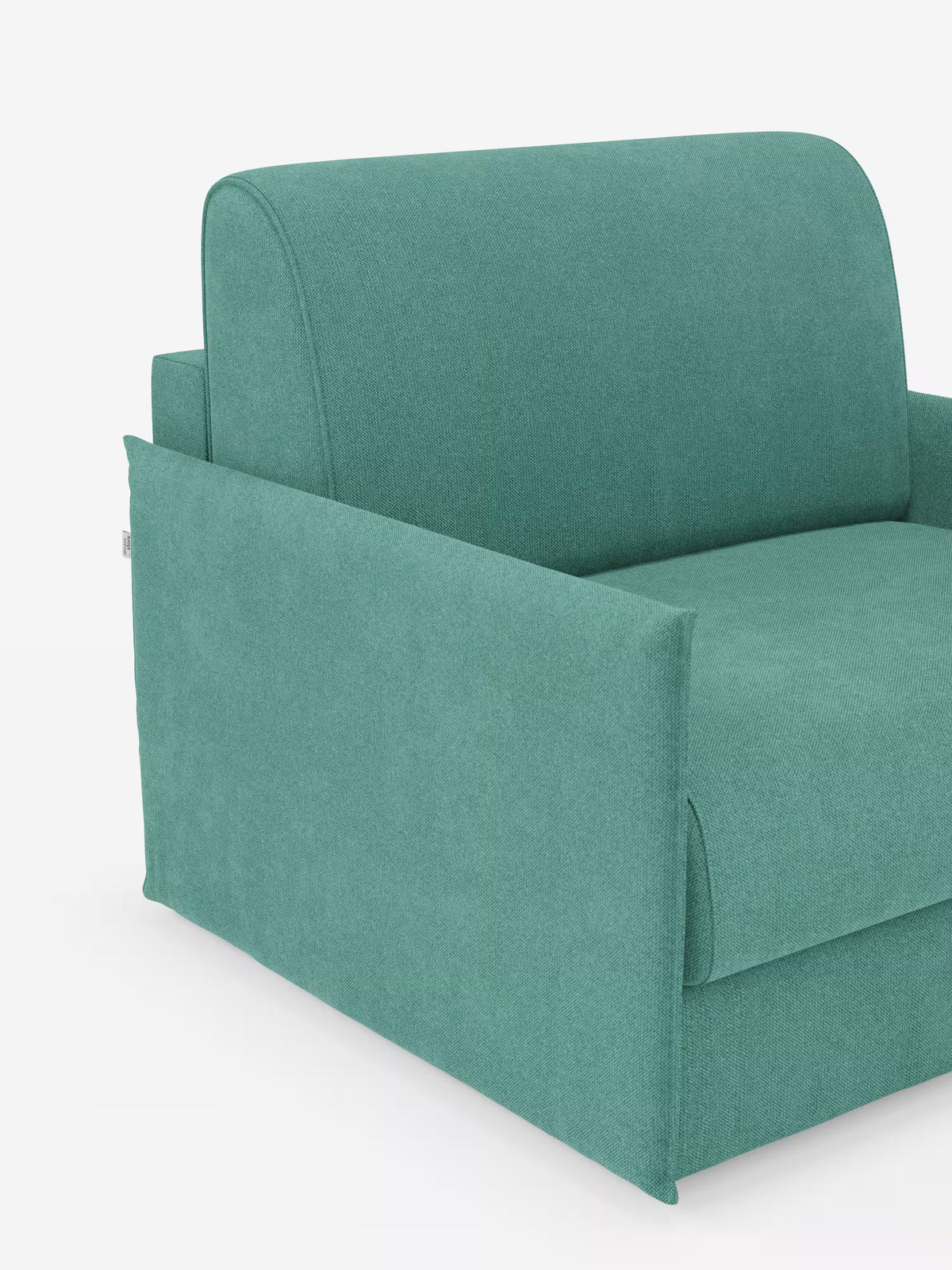 La poltrona letto compatta Evans con materasso di Divani.Store è una moderna poltrona letto rivestita in tessuto T23 color verde acqua, sfoderabile e antimacchia. Caratterizzata da una silhouette squadrata e minimalista con ampi braccioli e uno schienale e una seduta imbottiti e spessi, si trasforma facilmente in una comoda soluzione per dormire grazie al suo materasso da 70x197 cm. Presentata su uno sfondo bianco a tinta unita per enfatizzare le linee pulite e la morbida texture della poltrona, questa