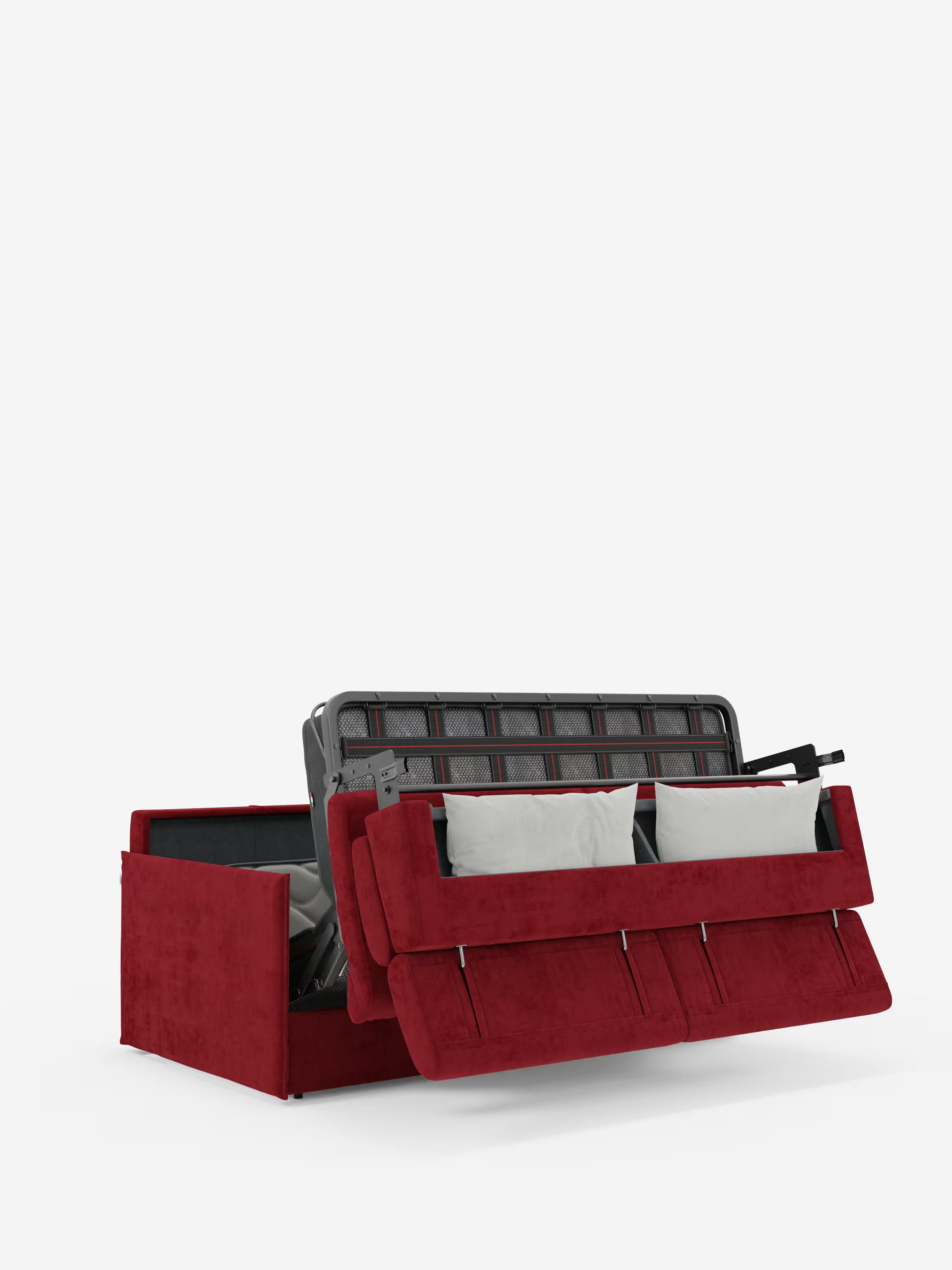 Un divano letto Miryam con poggiatesta reclinabili e comfort maxi di Divani.Il modello, dal design compatto e rivestito in morbido tessuto rosso smacchiabile T31, include due cuscini grigio chiaro ed è raffigurato parzialmente aperto per mostrare la struttura in metallo e il meccanismo, il tutto su uno sfondo bianco a tinta unita per uno stile minimalista e contemporaneo.