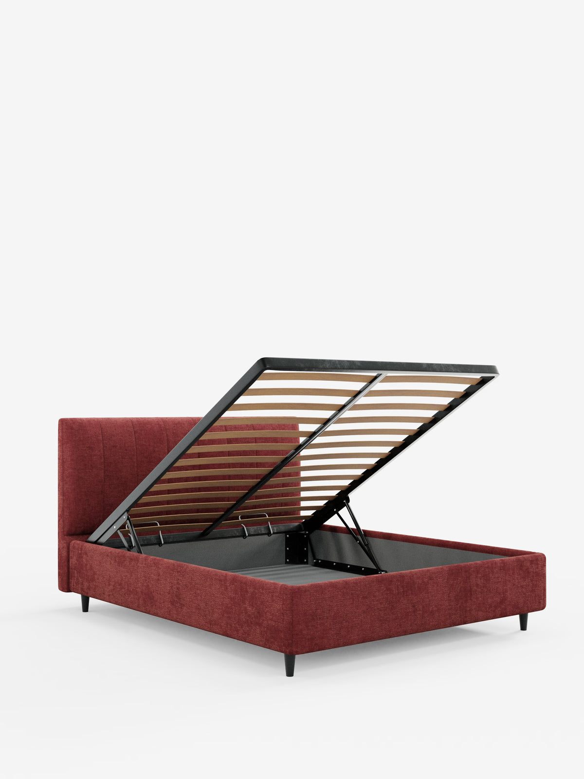Il letto imbottito ONYX con contenitore e testiera verticale in tessuto certificato Oeko-Tex® di Letti.store presenta una struttura imbottita in rosso in stile contemporaneo e una testiera alta e imbottita. La base del materasso a doghe in legno si solleva per rivelare un ampio vano contenitore sottostante. Il letto poggia su sottili gambe nere ed è messo in risalto da uno sfondo bianco a tinta unita.