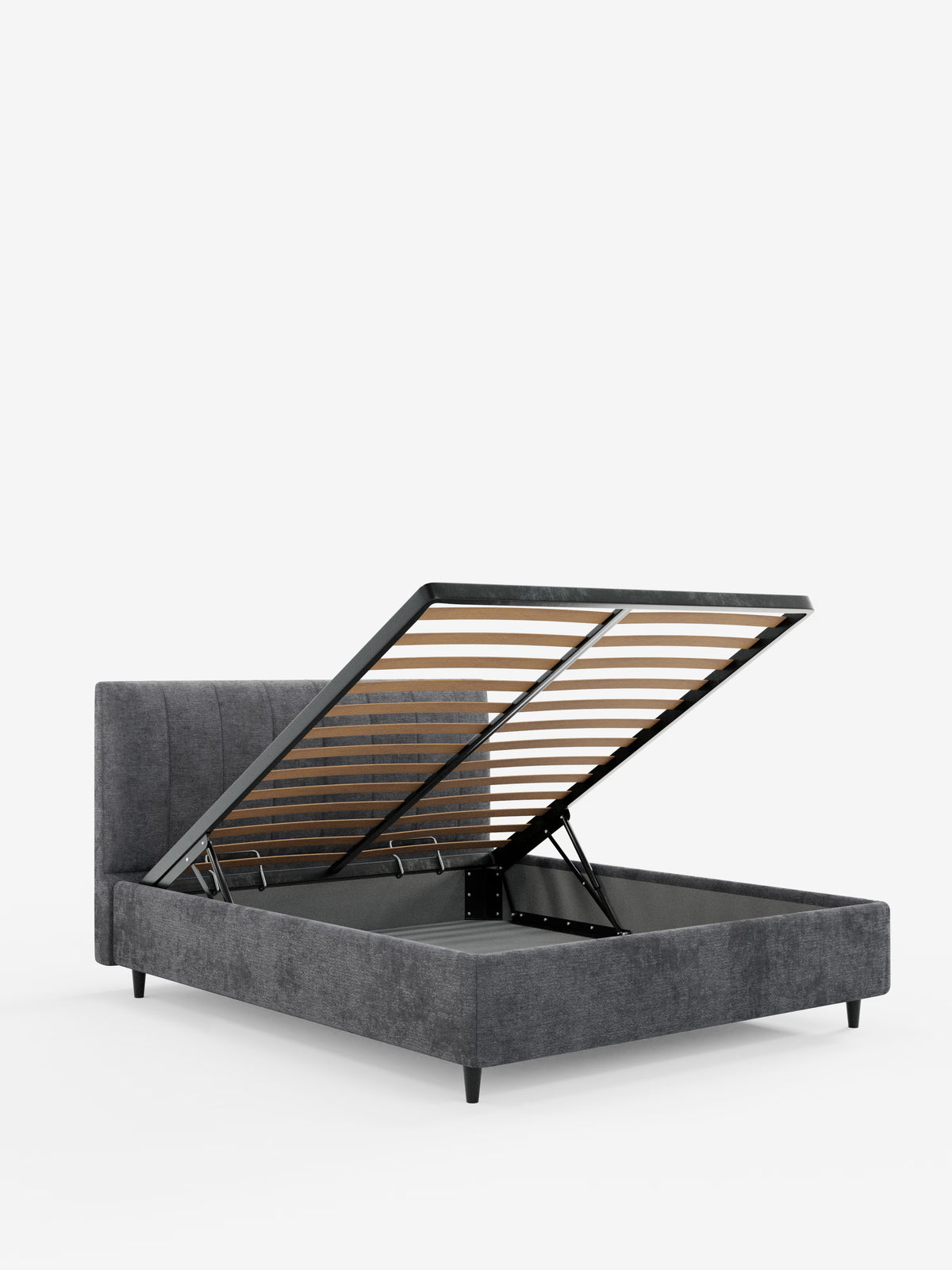 Vi presentiamo il letto imbottito ONYX di Letti.store: questo elegante letto imbottito grigio è dotato di una rete a doghe sollevabile che rivela un ampio vano contenitore, ideale per riporre gli oggetti. Il design si distingue per un’alta testiera verticale imbottita in tessuto certificato Oeko-Tex® e per le raffinate gambe nere, che risaltano magnificamente sullo sfondo bianco a tinta unita.