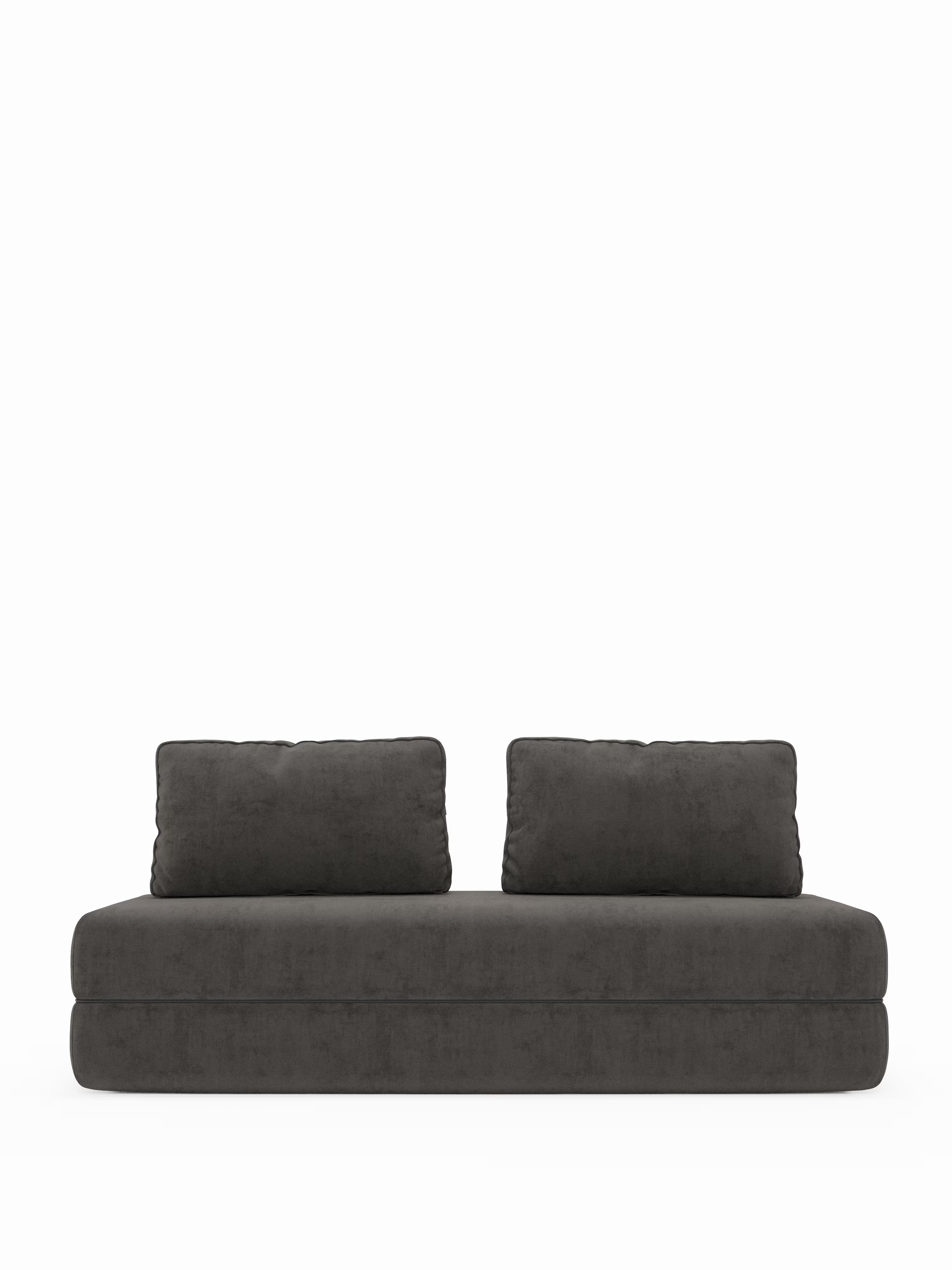 Un divano letto matrimoniale Rift contemporaneo, di colore grigio scuro, di Divani.Store — caratterizzato da un design elegante senza braccioli, da due schienali regolabili e da un materasso in memory foam T31 di generoso spessore (22 cm) — esposto su un semplice sfondo bianco.