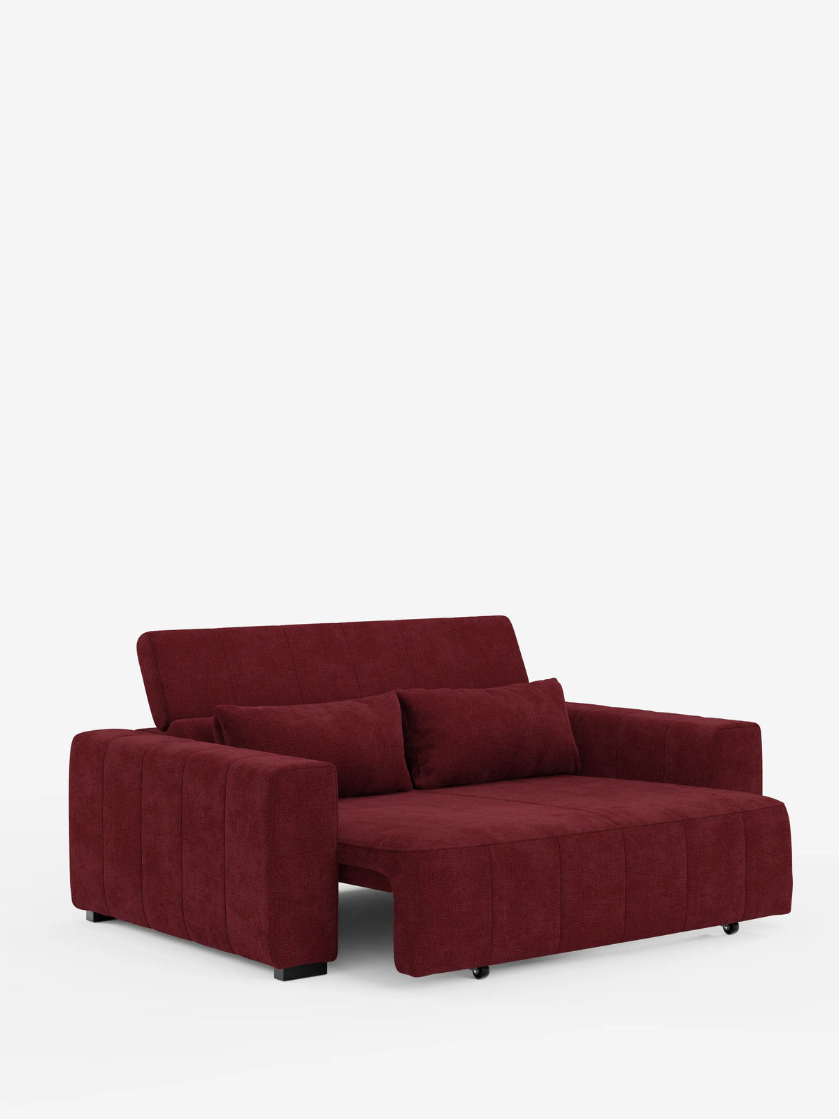 Vi presentiamo il divano a 3 posti Doric di Divani.Store: un divano contemporaneo color bordeaux con ampi braccioli, due cuscini cilindrici abbinati e una superficie letto estesa. Caratterizzato da un design minimalista, questo divano presenta un rivestimento in morbido tessuto T23 resistente alle macchie, gambe corte nere e sedute regolabili tramite funzione relax elettrica con poggiatesta reclinabile, il tutto su uno sfondo bianco a tinta unita.