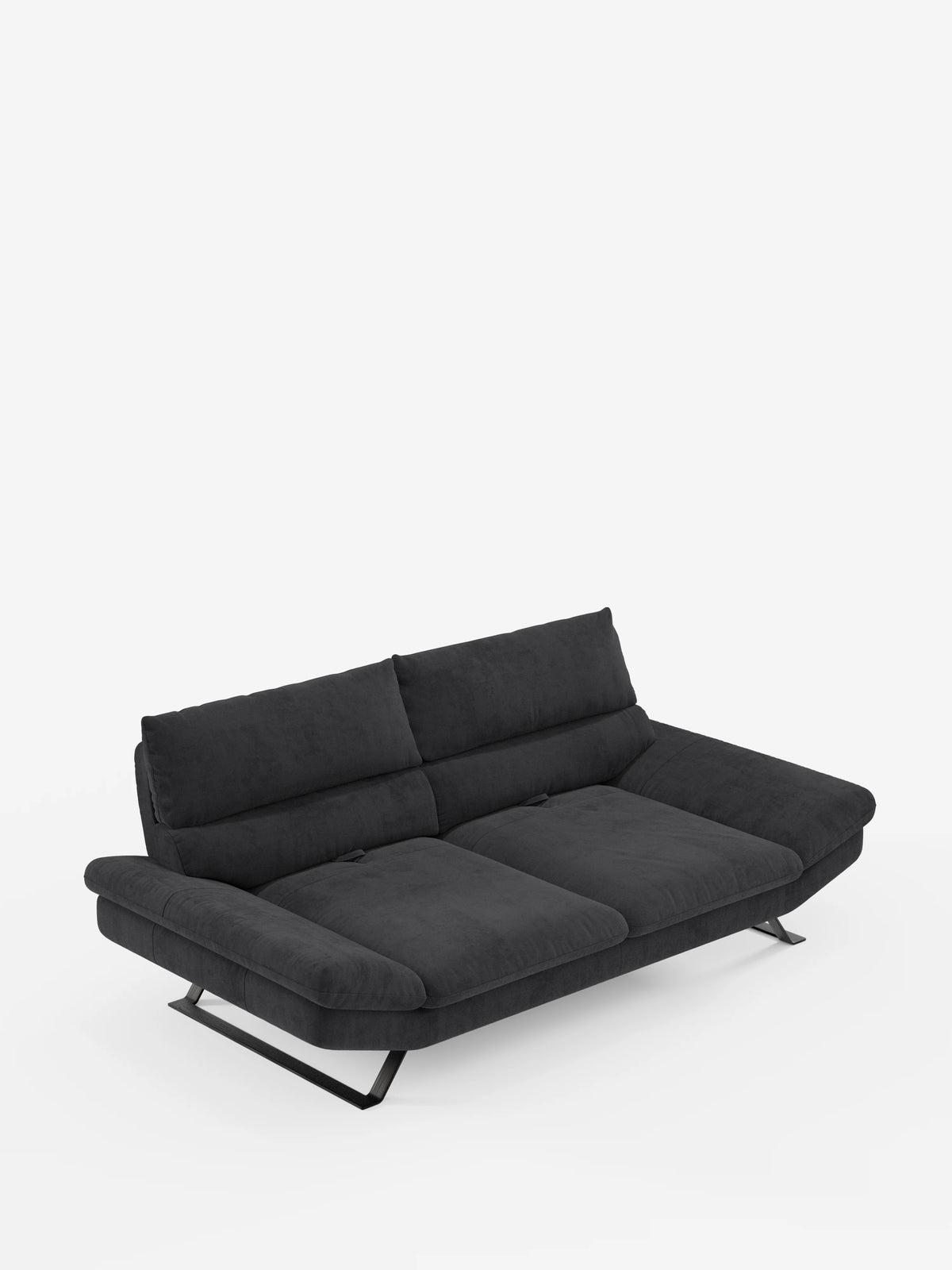 Il divano Eclipse, dal design moderno, a 2 e 3 posti con schienali traslanti di Divani.Store, è presentato nella versione grigio scuro, rivestito in elegante microfibra T11 resistente alle macchie. Esposto su uno sfondo bianco a tinta unita, questo divano contemporaneo presenta ampi braccioli e gambe alte in metallo nero angolate che gli conferiscono un aspetto elegante. I morbidi cuscini di seduta e schienale, con schienali traslanti, offrono un comfort modulabile adatto a qualsiasi ambiente.