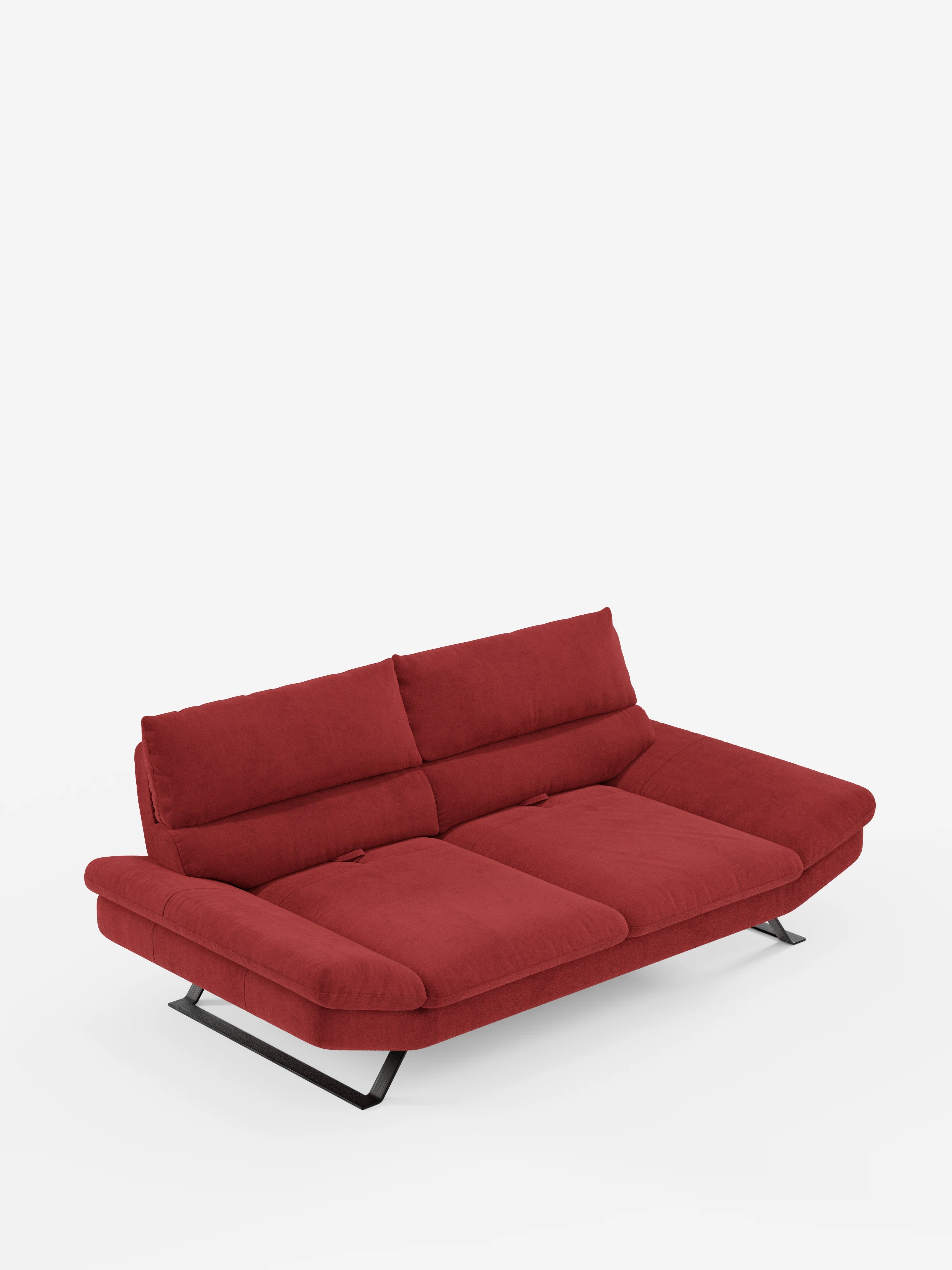 Un moderno divano Eclipse dal design contemporaneo di Divani.Store, disponibile nella versione a 2 o 3 posti, con cuscini morbidi e ampi, braccioli angolati e gambe alte in metallo nero, rivestito in elegante microfibra T11 resistente alle macchie. Presentato su uno sfondo bianco a tinta unita, lo schienale e la seduta sono suddivisi in tre sezioni caratterizzate da schienali traslanti che ne esaltano il look contemporaneo e minimalista.