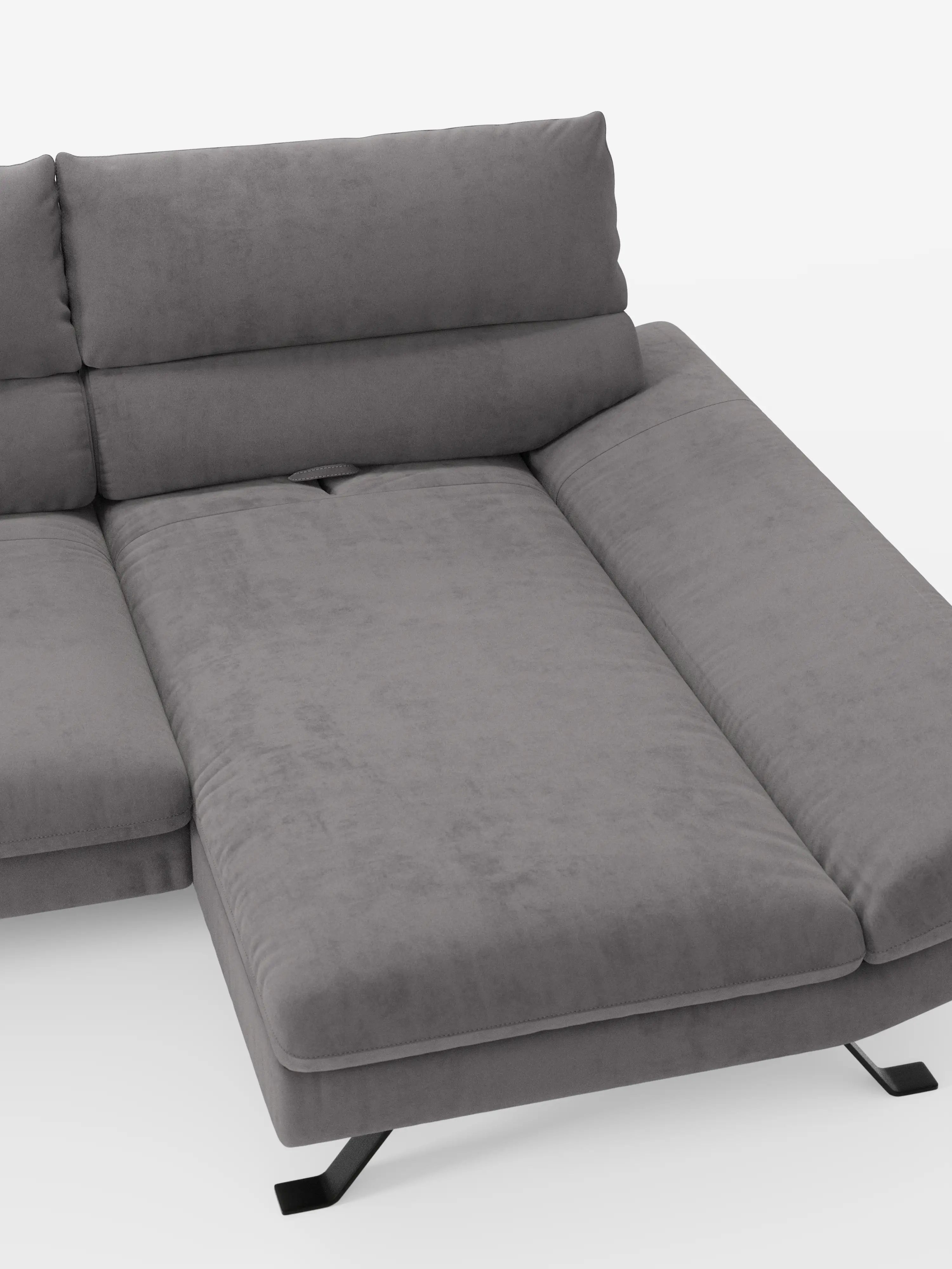 Il moderno divano angolare Eclipse con penisola e schienali scorrevoli in microfibra tecnica smacchiabile T11 di Divani.Store è presentato con rivestimento grigio. Una delle sedute si estende per formare una chaise longue, mentre i morbidi cuscini e lo schienale basso scorrevole ne aumentano il comfort. Le gambe angolari in metallo e lo sfondo bianco a tinta unita ne sottolineano il design elegante e minimalista.