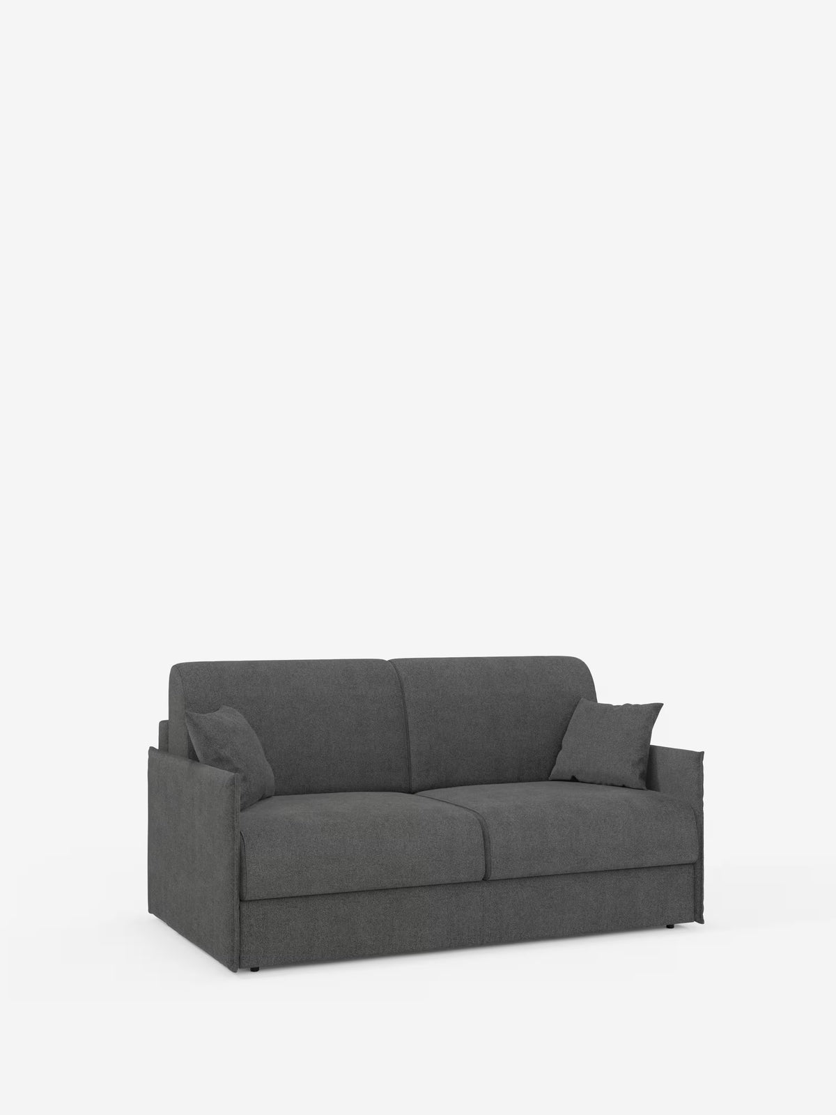 Un divano a due posti moderno, di colore grigio scuro — il divano letto matrimoniale sfoderabile Evans di Divani.Store — presenta braccioli squadrati, morbidi cuscini di seduta e schienale e include due cuscini decorativi abbinati. Questo modello compatto offre un pratico vano portaoggetti per i cuscini ed è rivestito in tessuto T23 facile da pulire. Su uno sfondo bianco a tinta unita, conferisce stile e funzionalità agli spazi abitativi contemporanei.
