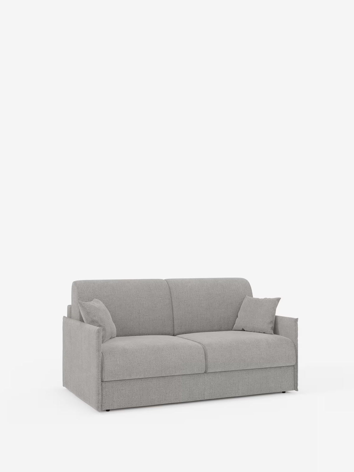 Vi presentiamo il divano letto matrimoniale sfoderabile Evans di Divani.Store, un moderno divano in tessuto grigio chiaro dotato di due cuscini di seduta, due cuscini dello schienale e due cuscini decorativi abbinati. Su uno sfondo bianco a tinta unita, questo modello compatto si distingue per i braccioli dritti e le linee minimaliste. Realizzato in tessuto smacchiabile T23 resistente alle macchie e dotato di un pratico vano porta guanciali, è la scelta perfetta per gli spazi abitativi contemporanei alla