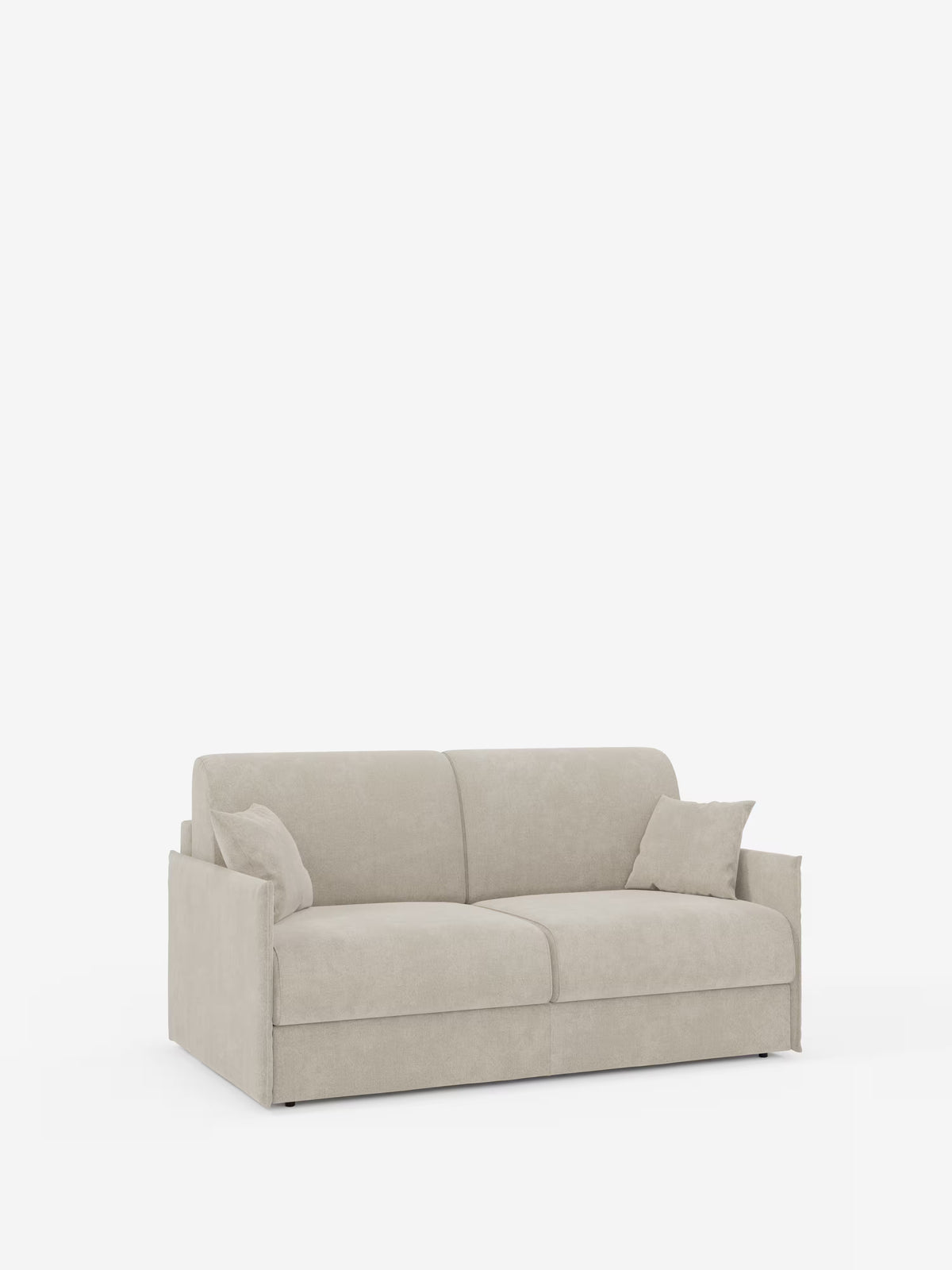Un divano letto matrimoniale Evans a due posti di colore beige chiaro, sfoderabile, di Divani.Store, realizzato in tessuto T23 antimacchia con braccioli squadrati e due cuscini decorativi abbinati, è raffigurato su uno sfondo bianco a tinta unita. Caratterizzata da un design compatto dalle linee pulite e da un vano porta guanciali integrato, questa moderna soluzione salvaspazio offre un comfort minimalista, perfetto per ottimizzare gli spazi abitativi più ridotti.