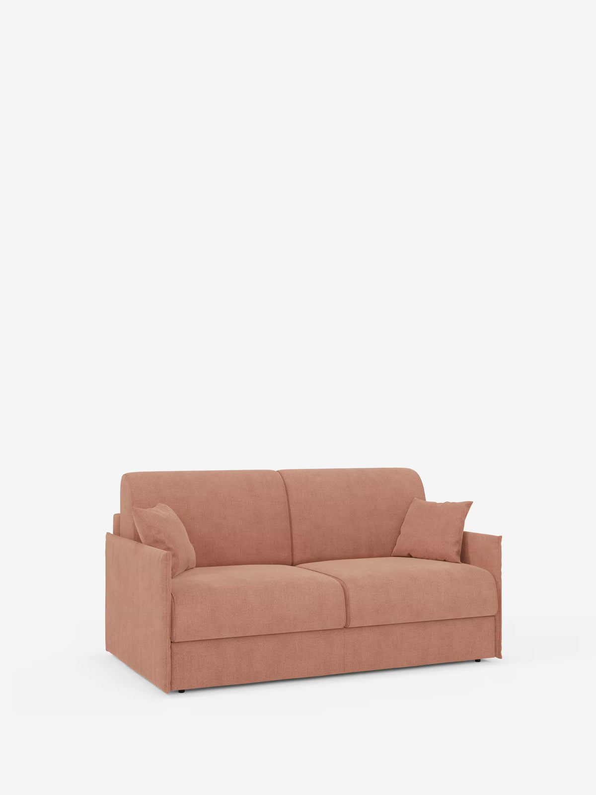 Il divano letto matrimoniale sfoderabile Evans di Divani.Store è un divano letto moderno, di colore marrone chiaro e dalle dimensioni compatte, caratterizzato da un design minimalista squadrato con bordi morbidi e arrotondati. Rivestito in tessuto T23 facile da pulire, comprende due cuscini di seduta e due di schienale, braccioli abbinati e viene fornito con due cuscini decorativi. Il divano è presentato su uno sfondo bianco a tinta unita e dispone di un pratico vano portaoggetti per i cuscini.