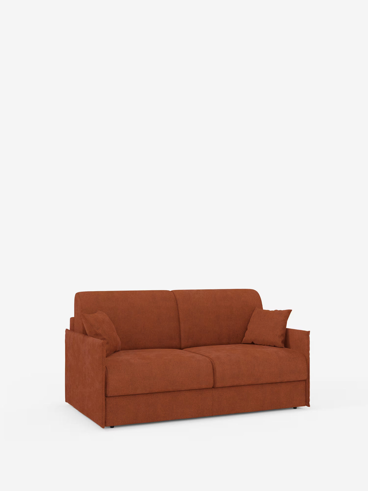 Il divano letto matrimoniale sfoderabile Evans di Divani.Store, caratterizzato da un design compatto e da un rivestimento sfoderabile in tessuto T23 facile da pulire, è presentato nella tonalità arancione bruciato con tre posti a sedere e due cuscini decorativi abbinati su uno sfondo bianco a tinta unita. Con le sue linee pulite, la silhouette squadrata e i morbidi cuscini, questo moderno divano letto offre comfort e stile contemporaneo. Ideale per zone giorno salvaspazio, è dotato anche di un pratico vano