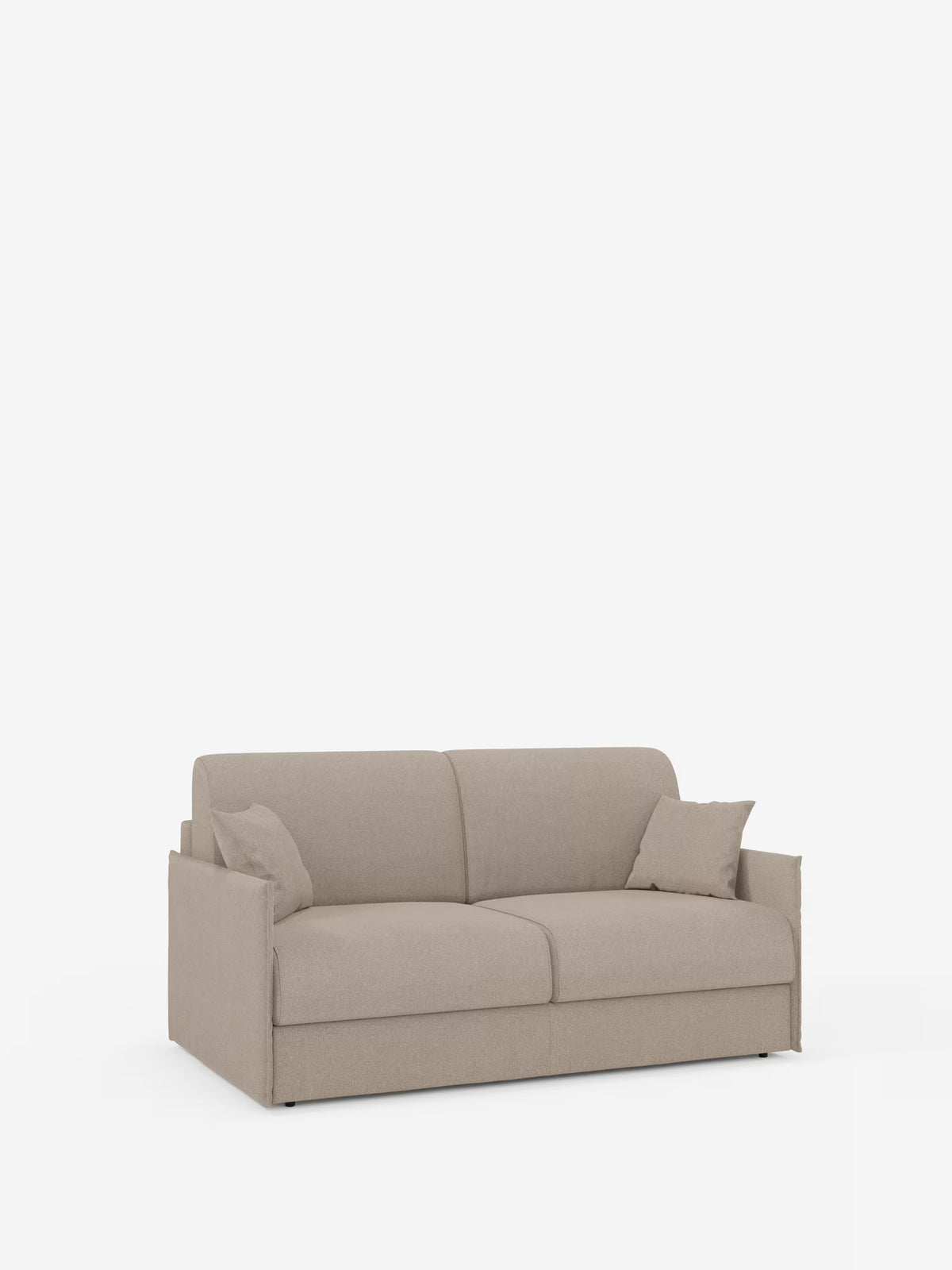 Il divano letto matrimoniale sfoderabile Evans di Divani.Store è un divano letto moderno e compatto, realizzato in tessuto T23 beige chiaro smacchiabile, dotato di due cuscini di seduta, due cuscini decorativi abbinati, braccioli dritti, un design minimalista e un pratico vano porta-cuscini — il tutto su uno sfondo bianco a tinta unita.
