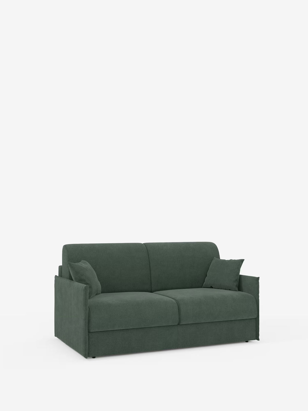 Il divano letto matrimoniale sfoderabile Evans di Divani.Store è un divano imbottito di colore verde scuro dal design compatto, composto da due cuscini di seduta, due cuscini dello schienale e due cuscini quadrati coordinati. Caratterizzato da braccioli dritti, linee minimaliste e un pratico vano porta-cuscini, questo divano salvaspazio è realizzato in tessuto T23 facile da pulire e si distingue su uno sfondo bianco a tinta unita.