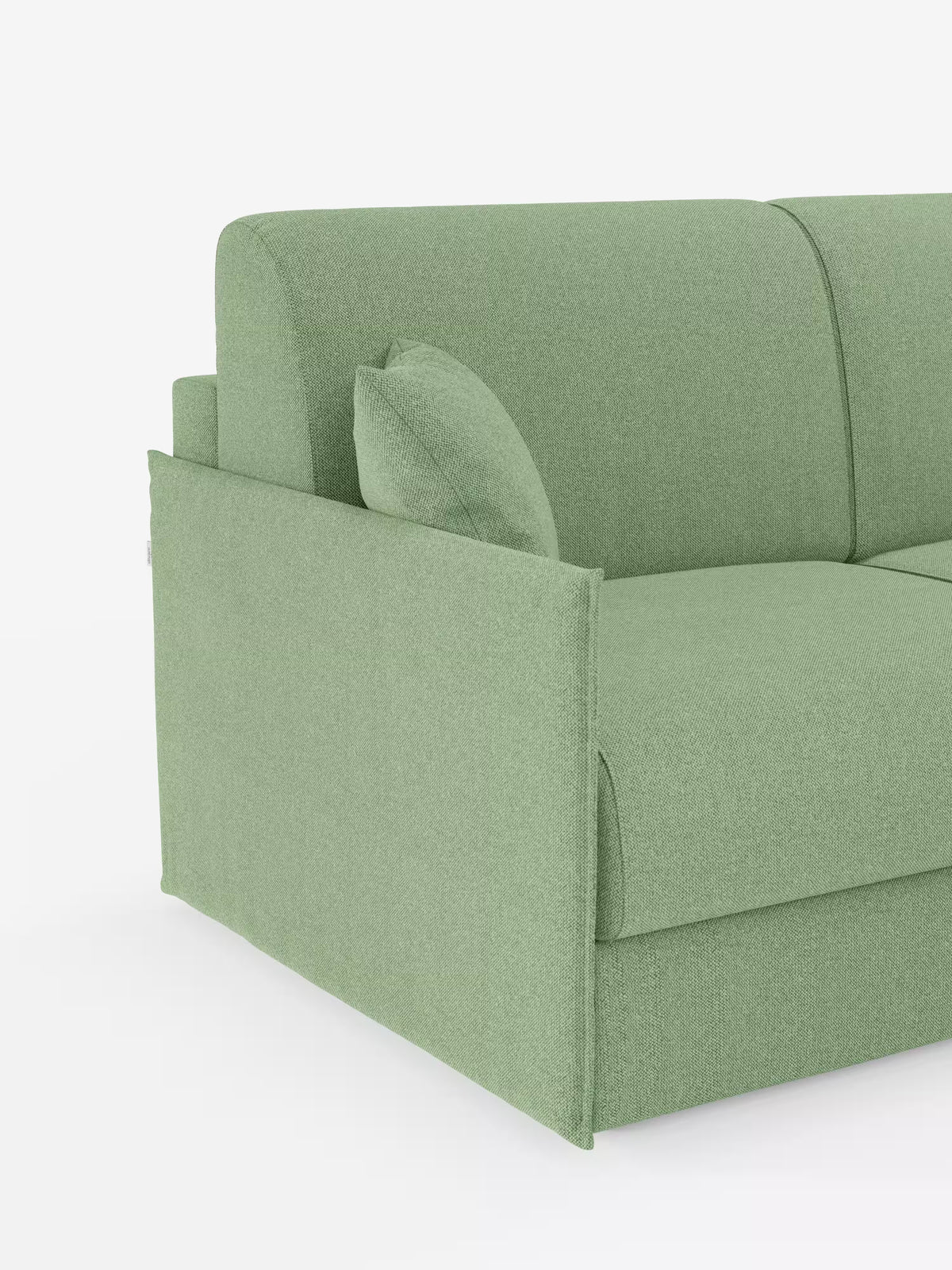 Viene presentato un divano letto angolare con penisola contenitore Evans di Divani.Store, caratterizzato da un design compatto in tessuto T23 antimacchia. Le linee pulite e la silhouette squadrata risaltano sullo sfondo bianco, con il bracciolo sinistro e un cuscino appoggiato allo schienale ben visibili, a sottolineare la moderna semplicità del divano.