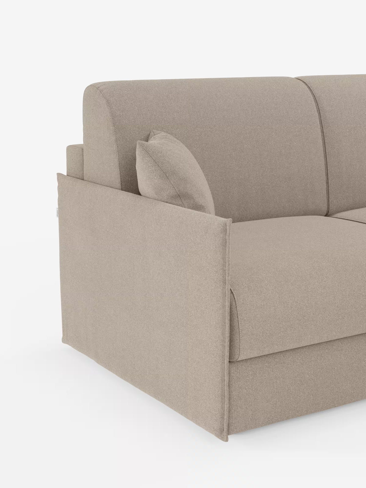Il divano letto angolare con penisola contenitore Evans di Divani.Store presenta un design compatto e moderno, realizzato in tessuto T23 resistente alle macchie. Presentato in beige con linee pulite, un bracciolo destro e un unico cuscino decorativo abbinato, solo l’angolo destro e parte dello schienale sono visibili su uno sfondo bianco a tinta unita, mettendo in risalto il suo fascino contemporaneo.