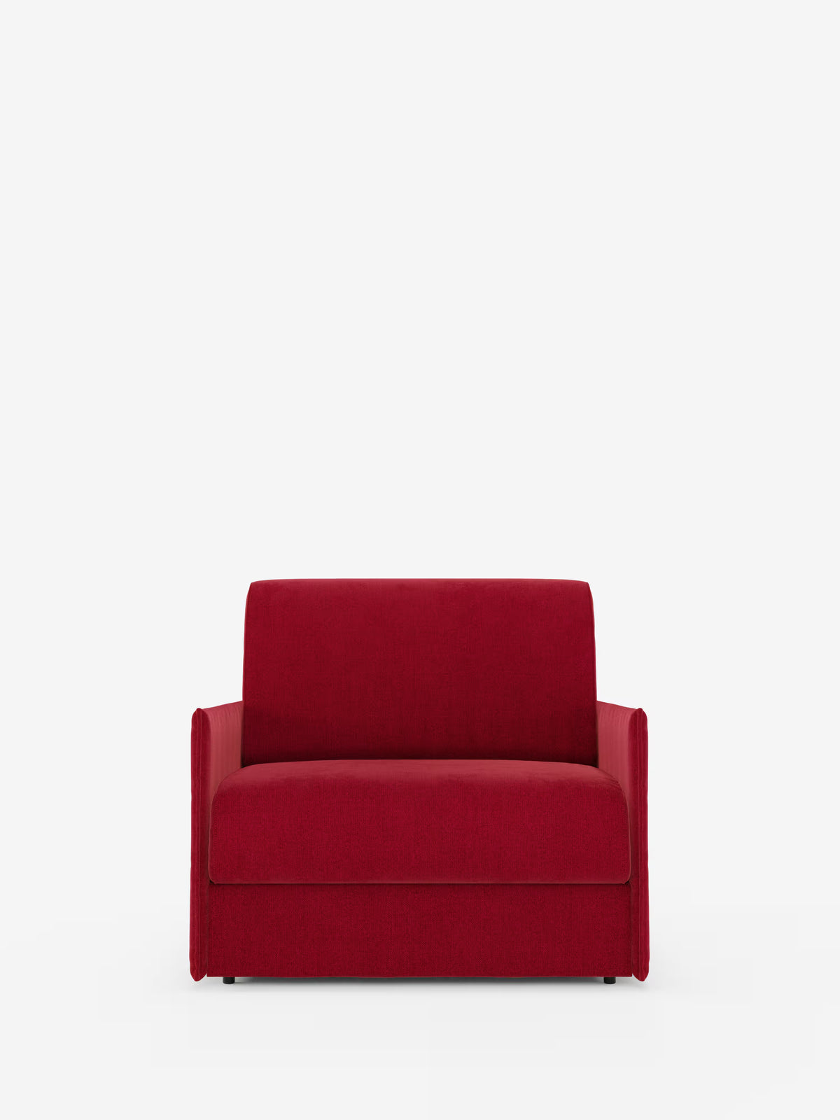 Una poltrona letto compatta Evans di colore rosso intenso, dal design contemporaneo, con materasso di Divani.Store, caratterizzata da braccioli dritti e da uno stile minimalista, spicca su uno sfondo bianco liscio. Rivestita in morbido e soffice tessuto sfoderabile (T23), facile da pulire, questa moderna poltrona letto a due posti offre comfort accogliente e stile: una soluzione salvaspazio ideale per chi cerca la funzionalità senza rinunciare all’estetica.