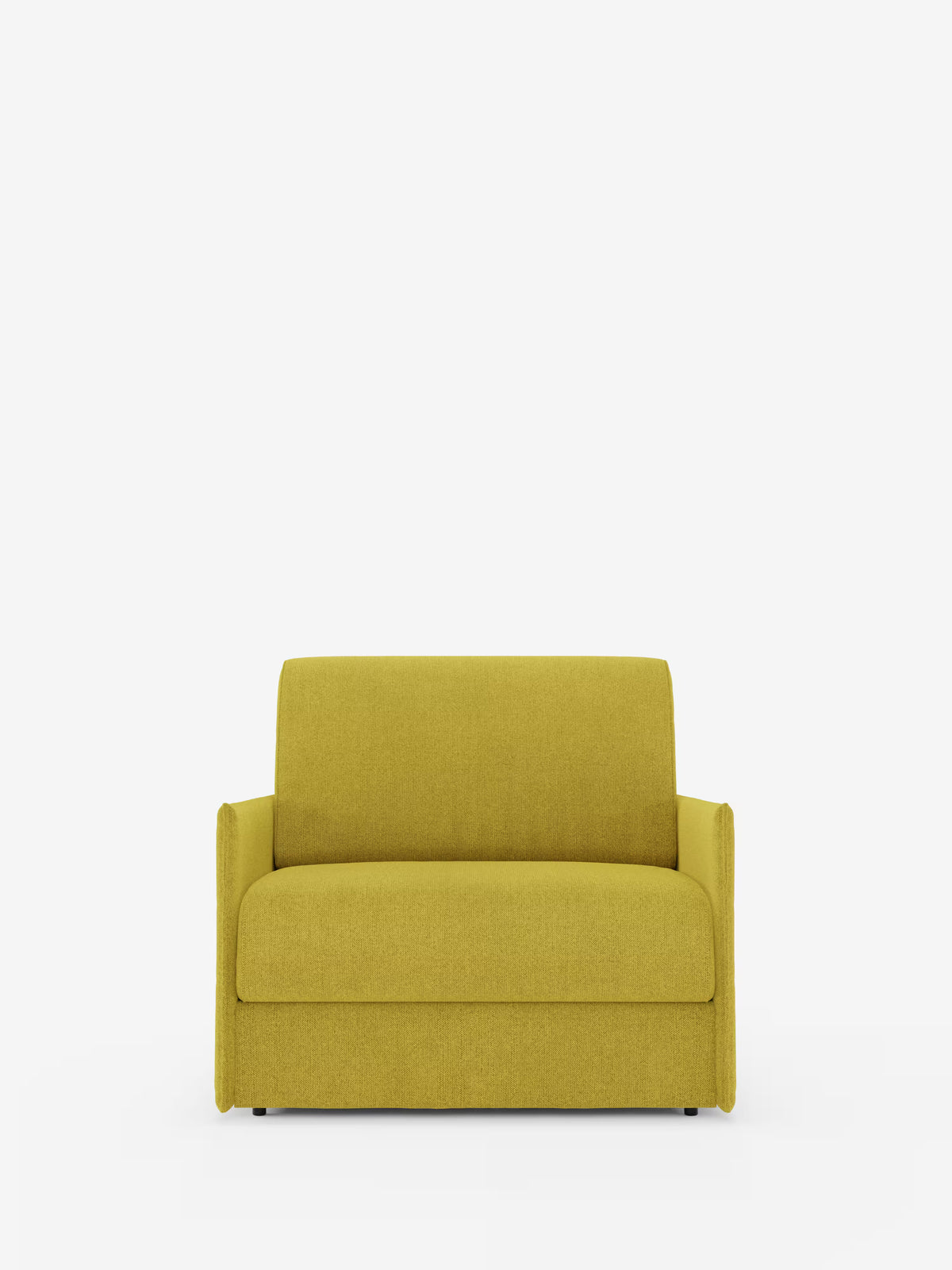 La poltrona letto compatta Evans con materasso di Divani.Store è una moderna poltrona a due posti salvaspazio in un vivace giallo senape, rivestita in tessuto T23 sfoderabile e antimacchia. Caratterizzata da braccioli dritti e da una silhouette squadrata, questa poltrona compatta risalta su uno sfondo bianco a tinta unita e si trasforma comodamente in un letto singolo (poltrona letto singola) per un uso quotidiano versatile.
