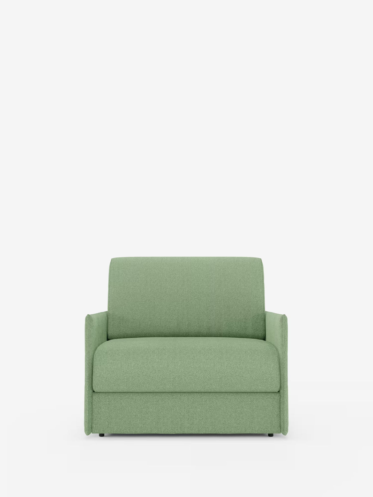 Una poltrona letto Evans compatta e moderna, di colore verde chiaro, firmata Divani.Store, spicca su uno sfondo bianco liscio. Caratterizzata da linee semplici e pulite, braccioli bassi e dritti e un rivestimento T23 smacchiabile e testurizzato, questa versatile poltrona è dotata di un materasso nascosto e di fodere facili da rimuovere. Le sue gambe corte e quasi invisibili la rendono una soluzione salvaspazio ideale per chi cerca sia una seduta elegante che un pratico letto aggiuntivo.