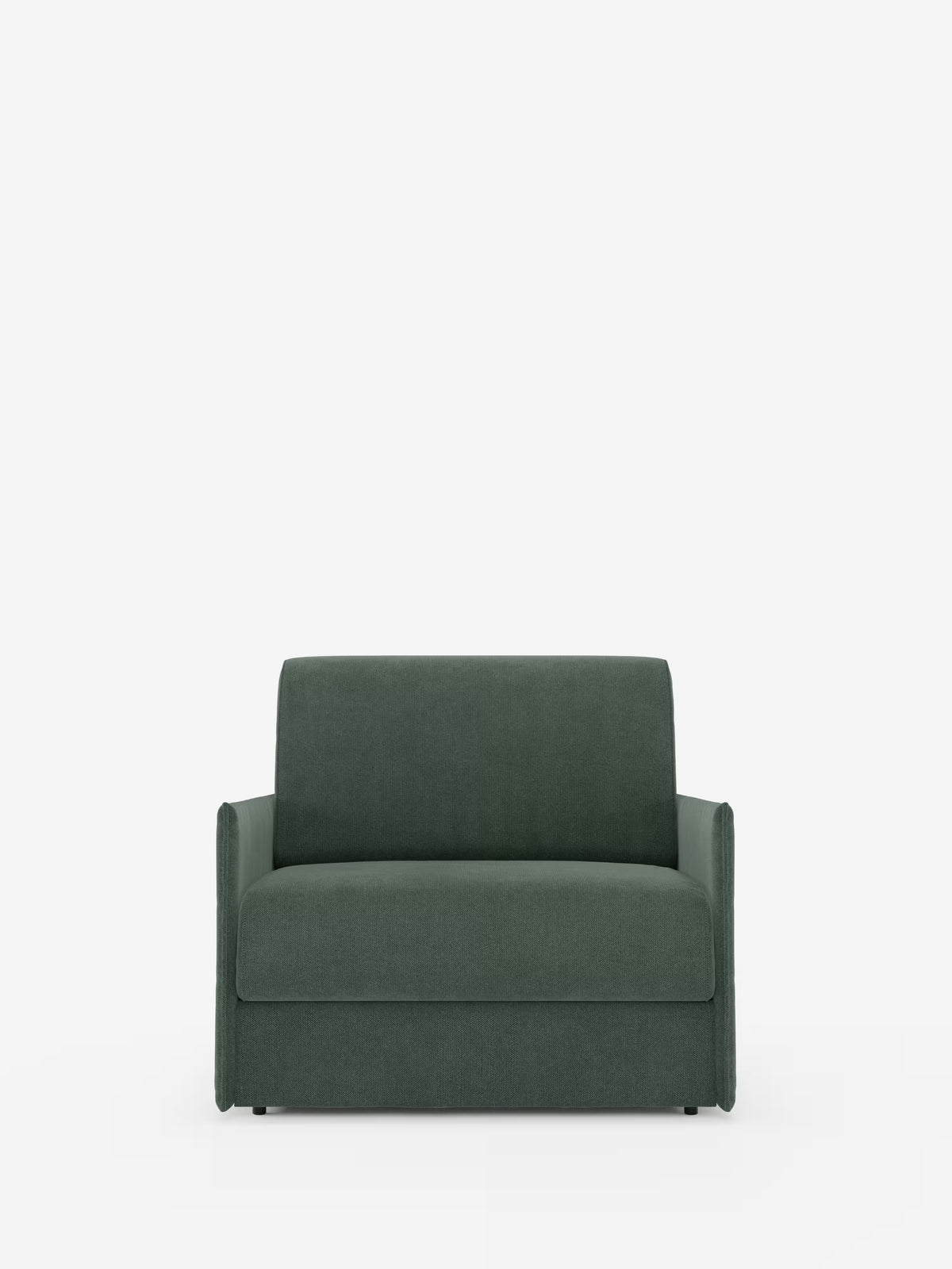 La poltrona letto compatta Evans con materasso di Divani.Store è una piccola e moderna poltrona letto di colore verde scuro, caratterizzata da braccioli sottili e da uno schienale imbottito e rigido, messa in risalto su uno sfondo bianco a tinta unita. Il suo design minimalista e salvaspazio la rende ideale per gli spazi abitativi ridotti. Le gambe sono a scomparsa, contribuendo a conferirle un aspetto elegante. Il rivestimento è sfoderabile e realizzato in tessuto T23 resistente alle macchie.