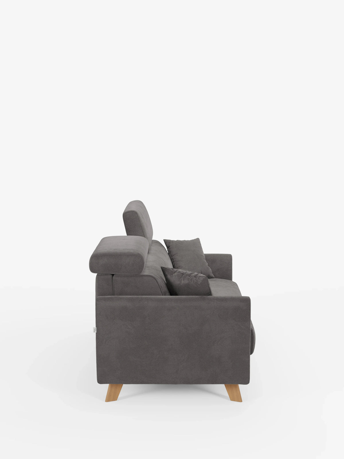 Una vista laterale del divano letto Francy con poggiatesta regolabili di Divani.Store è raffigurata su uno sfondo bianco a tinta unita. Rivestito in elegante tessuto T30 grigio scuro, resistente alle macchie, questo moderno divano a due posti presenta gambe in legno dal design minimalista, poggiatesta regolabili e viene fornito con due cuscini decorativi abbinati. I rivestimenti completamente sfoderabili esaltano ulteriormente il suo design contemporaneo e funzionale.