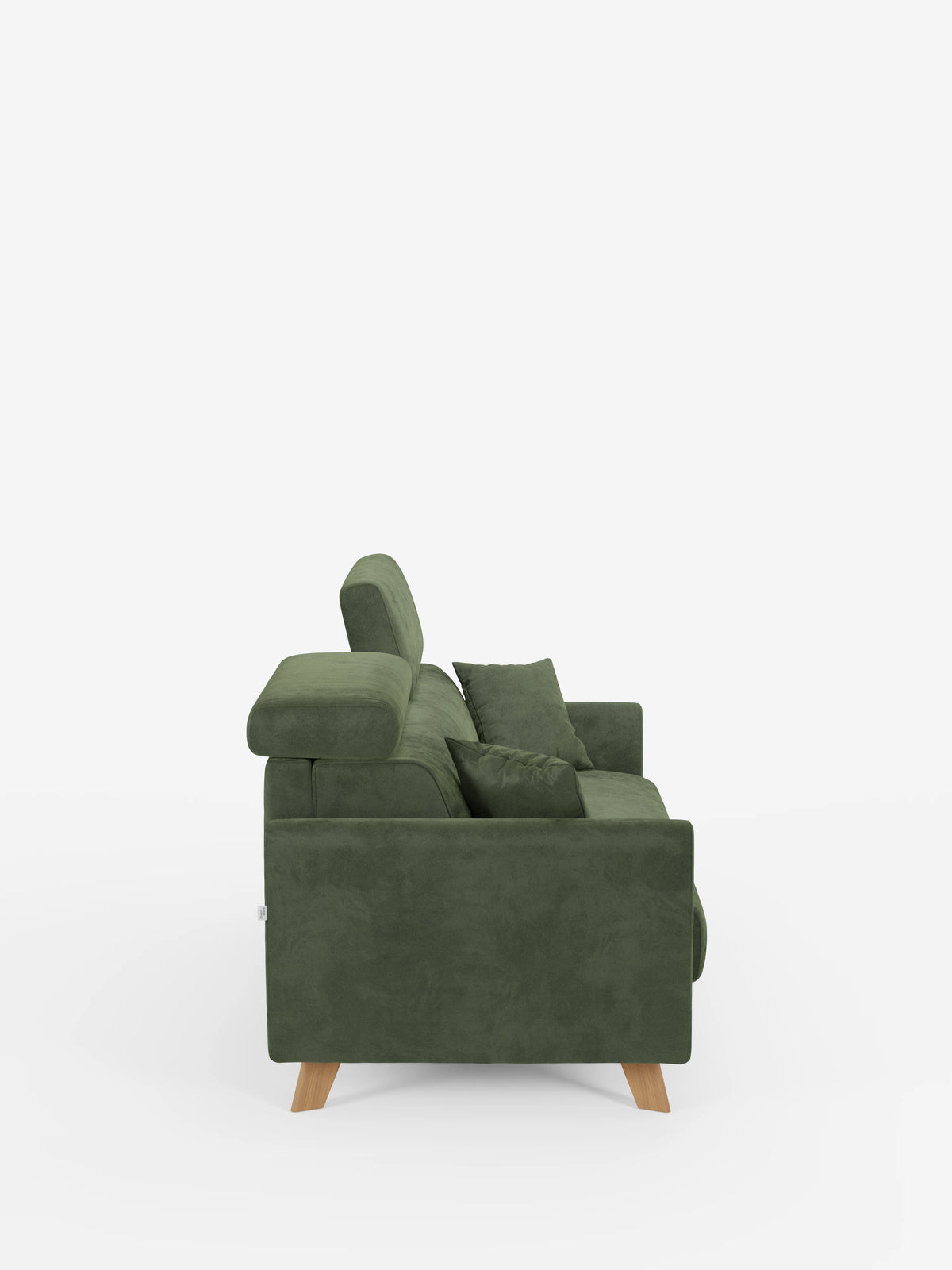 Vista laterale del divano letto Francy con poggiatesta regolabili di Divani.Store, rivestito in un elegante tessuto T30 verde scuro resistente alle macchie. Caratterizzato da due cuscini e gambe in legno, il suo poggiatesta regolabile spicca su uno sfondo bianco a tinta unita, mettendo in risalto le linee pulite del divano e il morbido rivestimento completamente sfoderabile.