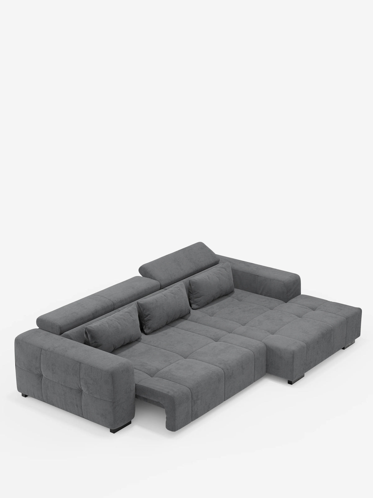 Vi presentiamo il divano angolare Monarch con penisola e funzione relax elettrica per l’allungamento delle sedute, firmato Divani.Store: un moderno divano componibile a forma di L di colore grigio, rivestito in morbido tessuto T31 resistente alle macchie, con cuscini trapuntati, ampi braccioli, tre poggiatesta reclinabili e una chaise longue sul lato destro. Questo elegante divano con penisola poggia su brevi gambe nere ed è raffigurato su uno sfondo bianco.