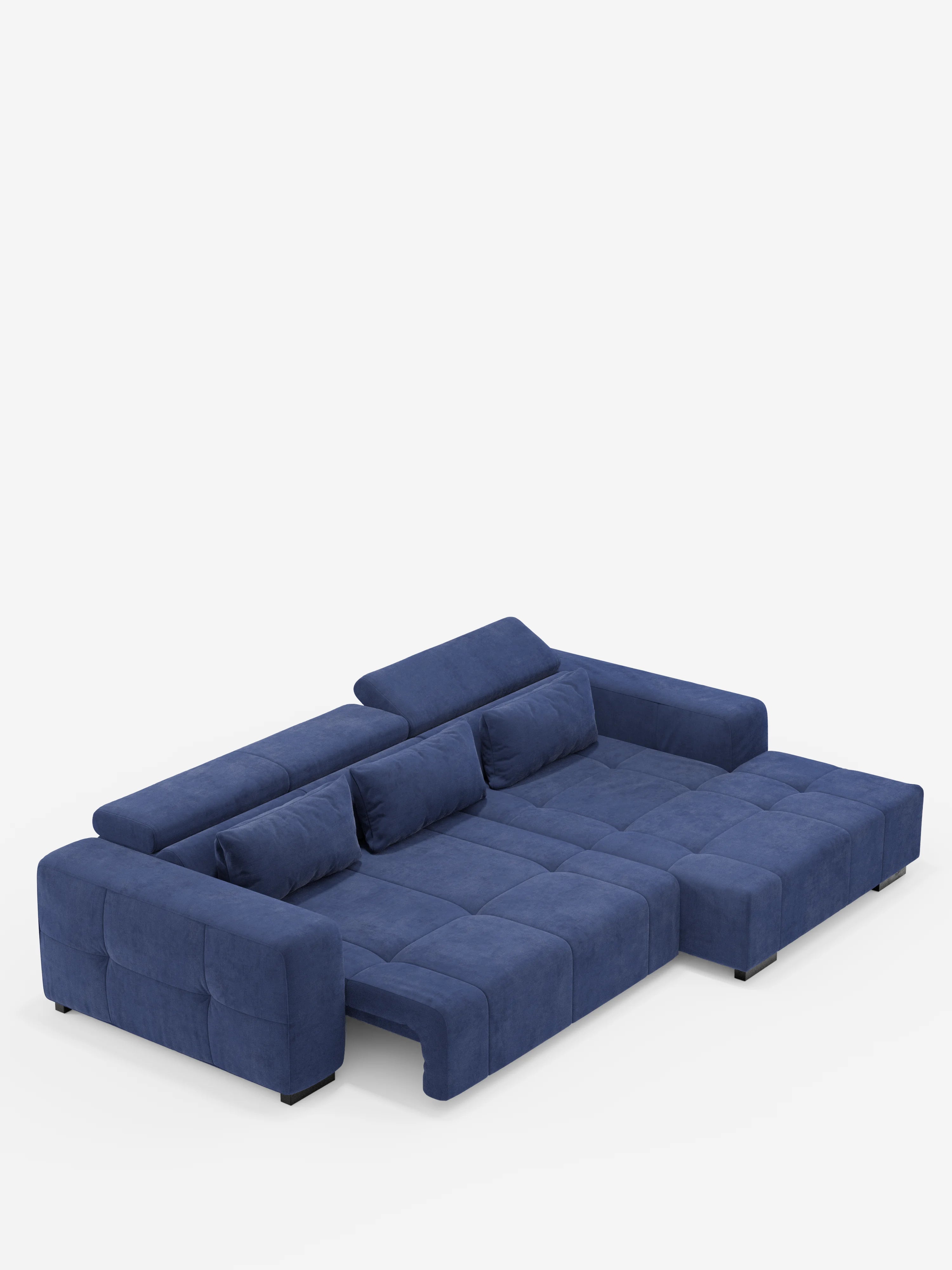 Il “Monarch Divano angolare con penisola e Relax Elettrico per allungamento sedute” di Divani.Store è un moderno divano componibile in blu intenso, dotato di schienali e braccioli regolabili. Rivestito in morbido tessuto T31 resistente alle macchie, questo elegante divano relax elettrico può essere trasformato in una posizione simile a un letto grazie ai morbidi cuscini e al profilo basso e rettangolare. I suoi poggiatesta reclinabili garantiscono un comfort eccezionale sullo sfondo bianco.